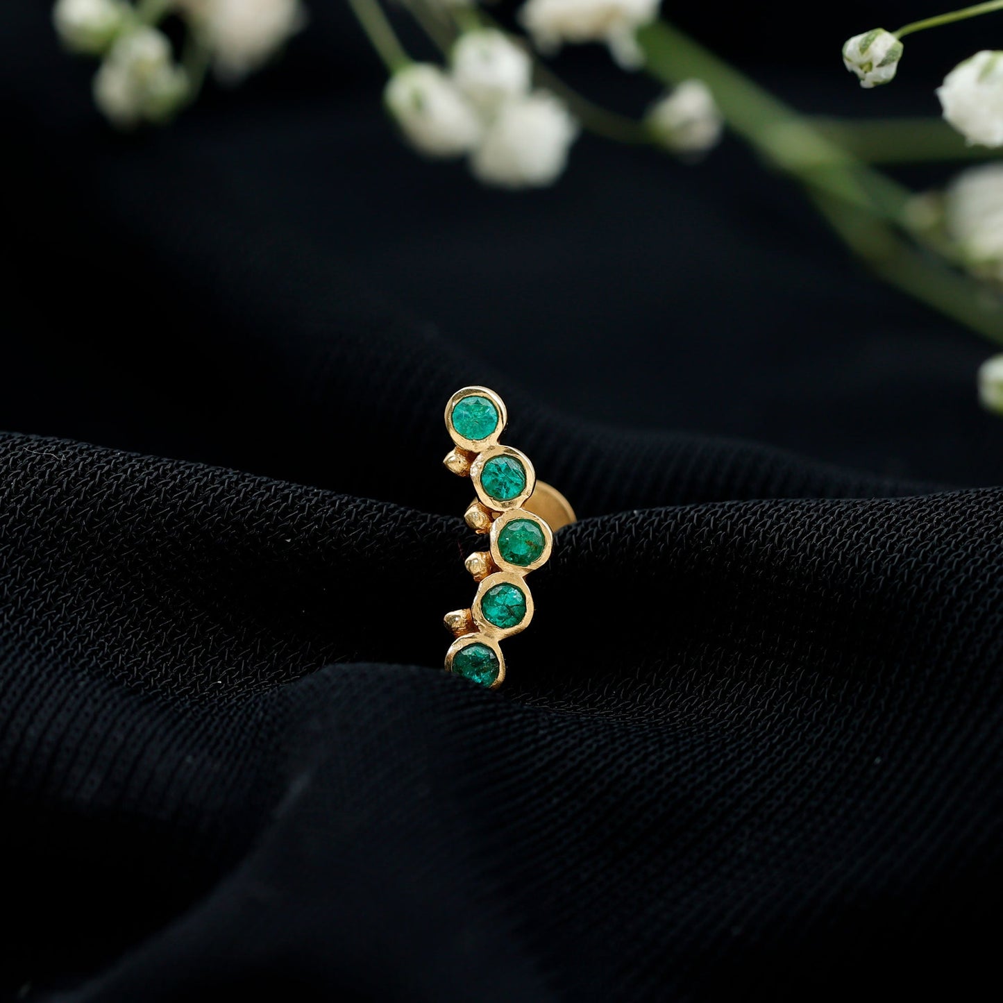 Natural Emerald Curved Climber Earring for Helix Piercing
