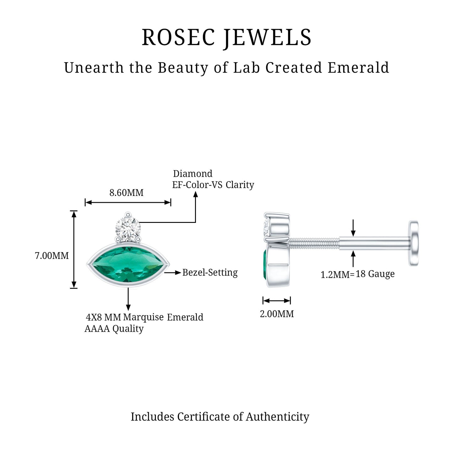 Marquise Cut Lab Grown Emerald Helix Earring with Certificate