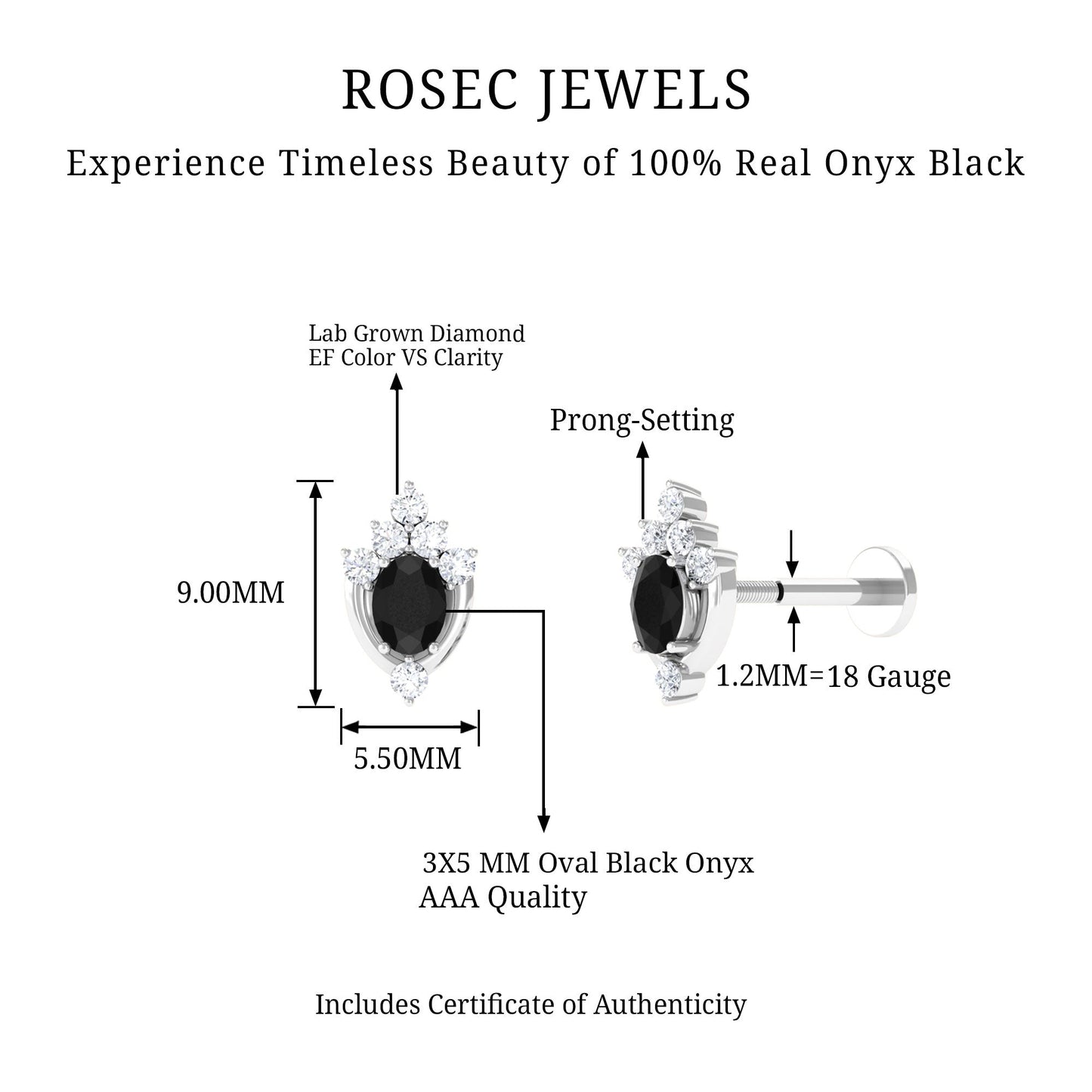 Certified Black Onyx Designer Helix Earring with Lab Grown Diamond