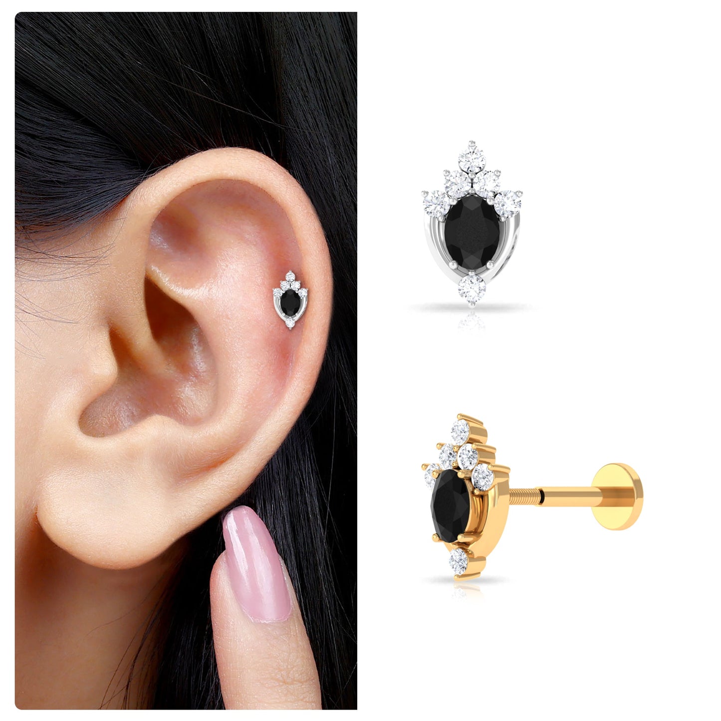 Certified Black Onyx Designer Helix Earring with Lab Grown Diamond