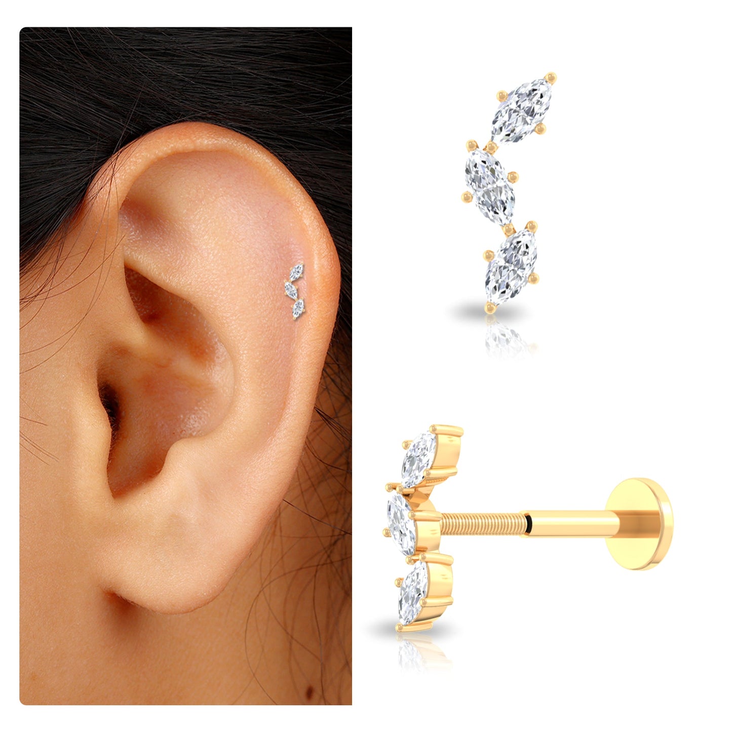 Marquise Cut Moissanite 3 Stone Tragus Earring
