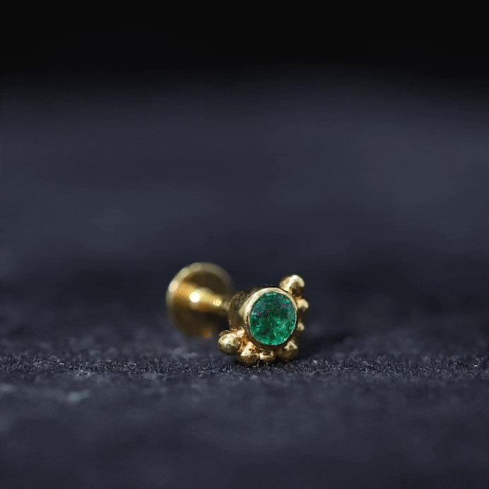 Dainty Round Emerald Tragus Earring with Beaded Detailing