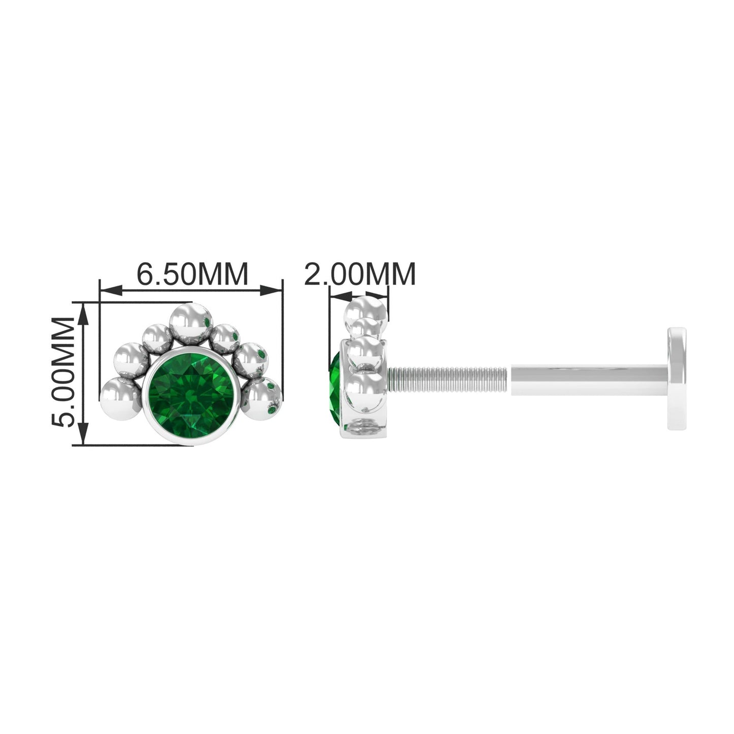 Dainty Round Emerald Tragus Earring with Beaded Detailing