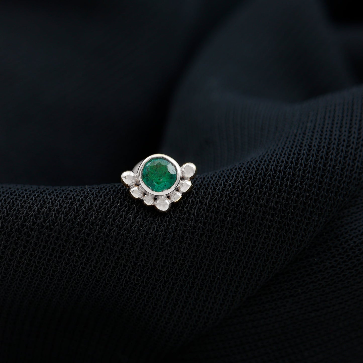 Dainty Round Emerald Tragus Earring with Beaded Detailing