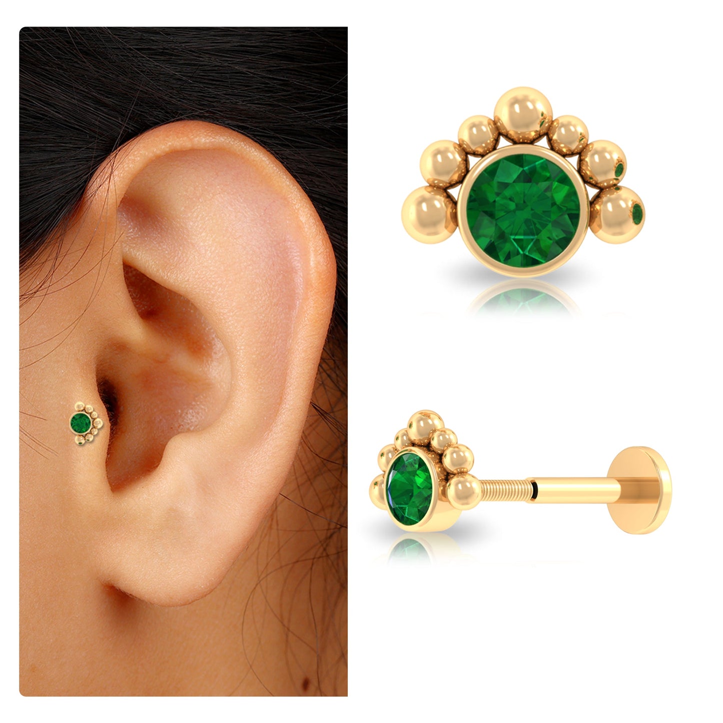 Dainty Round Emerald Tragus Earring with Beaded Detailing