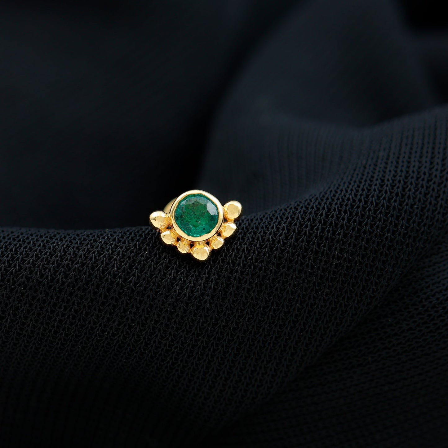 Dainty Round Emerald Tragus Earring with Beaded Detailing