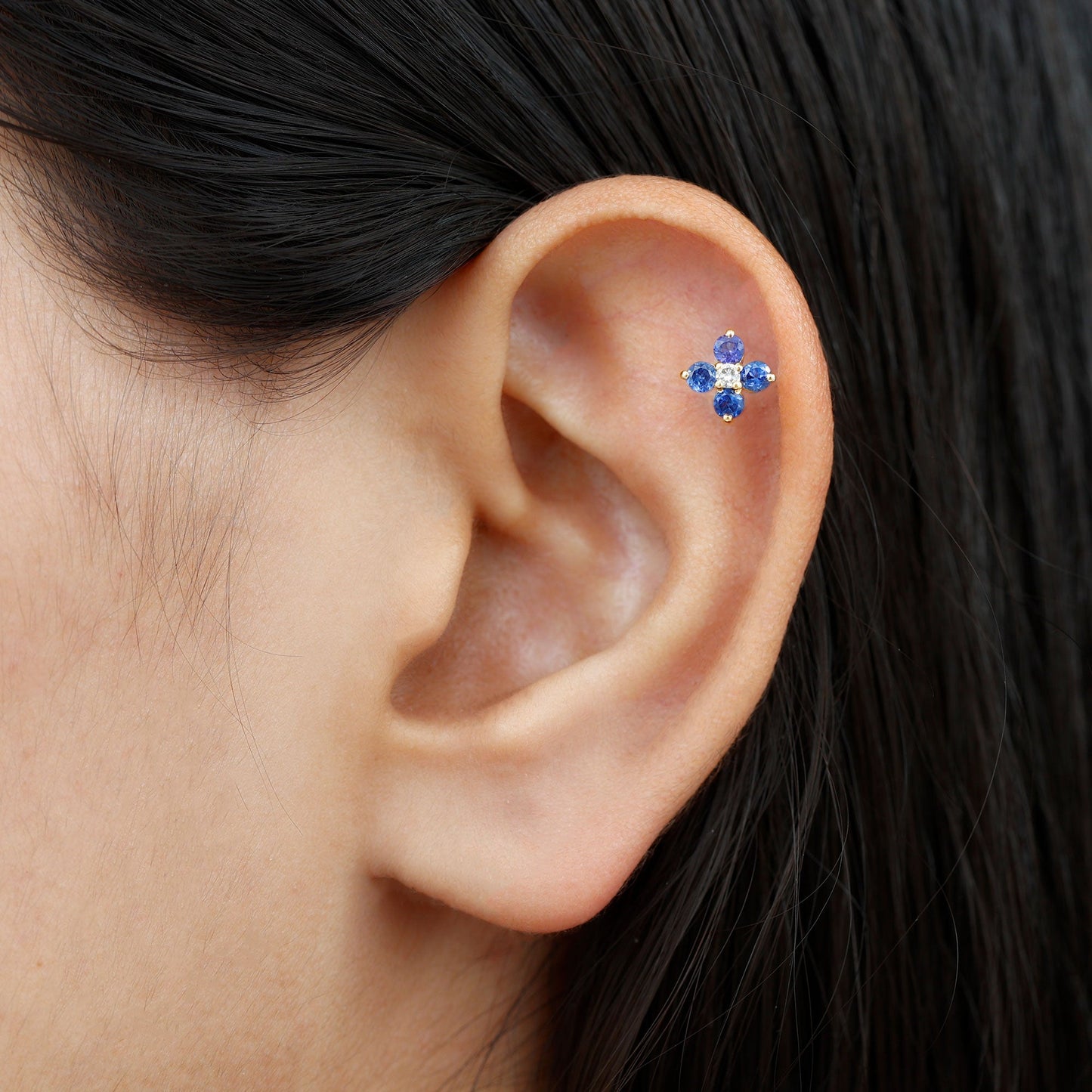 Natural Blue Sapphire Flower Earring for Rook Piercing