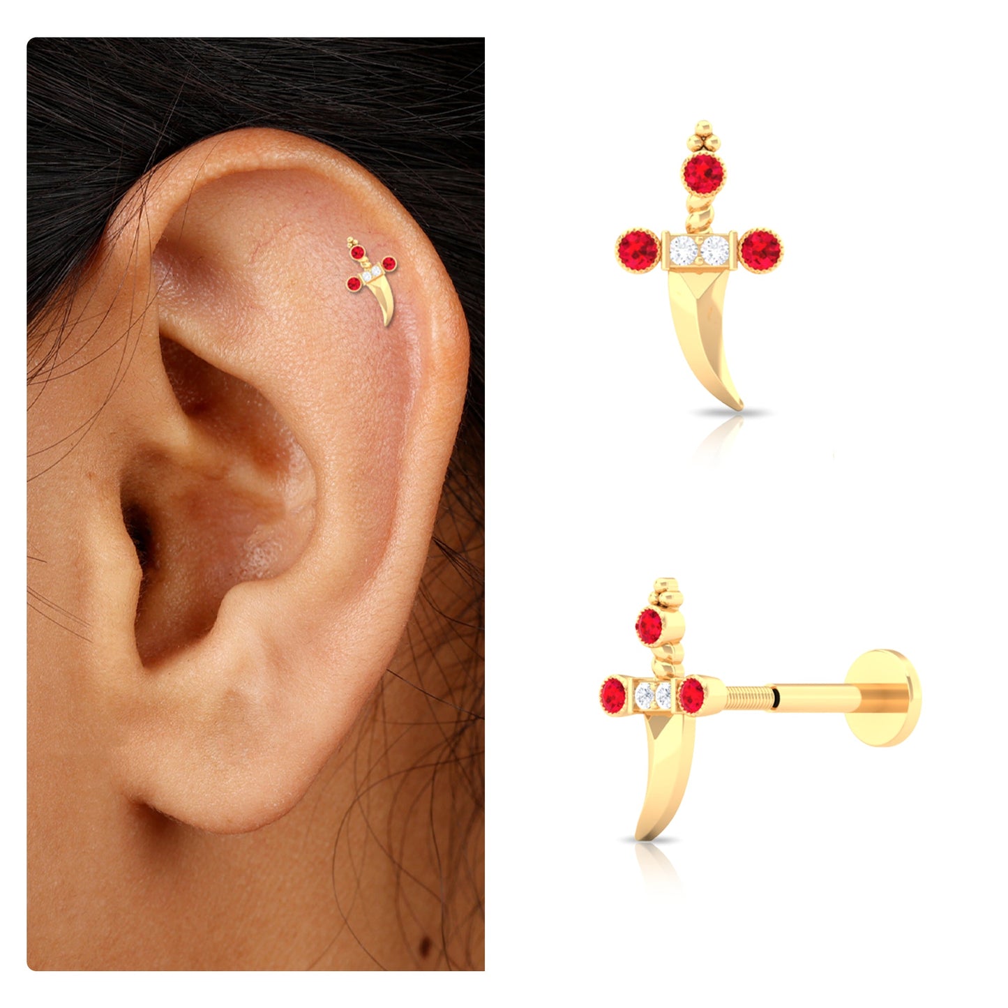 Real Ruby and Diamond Dagger Helix Earring