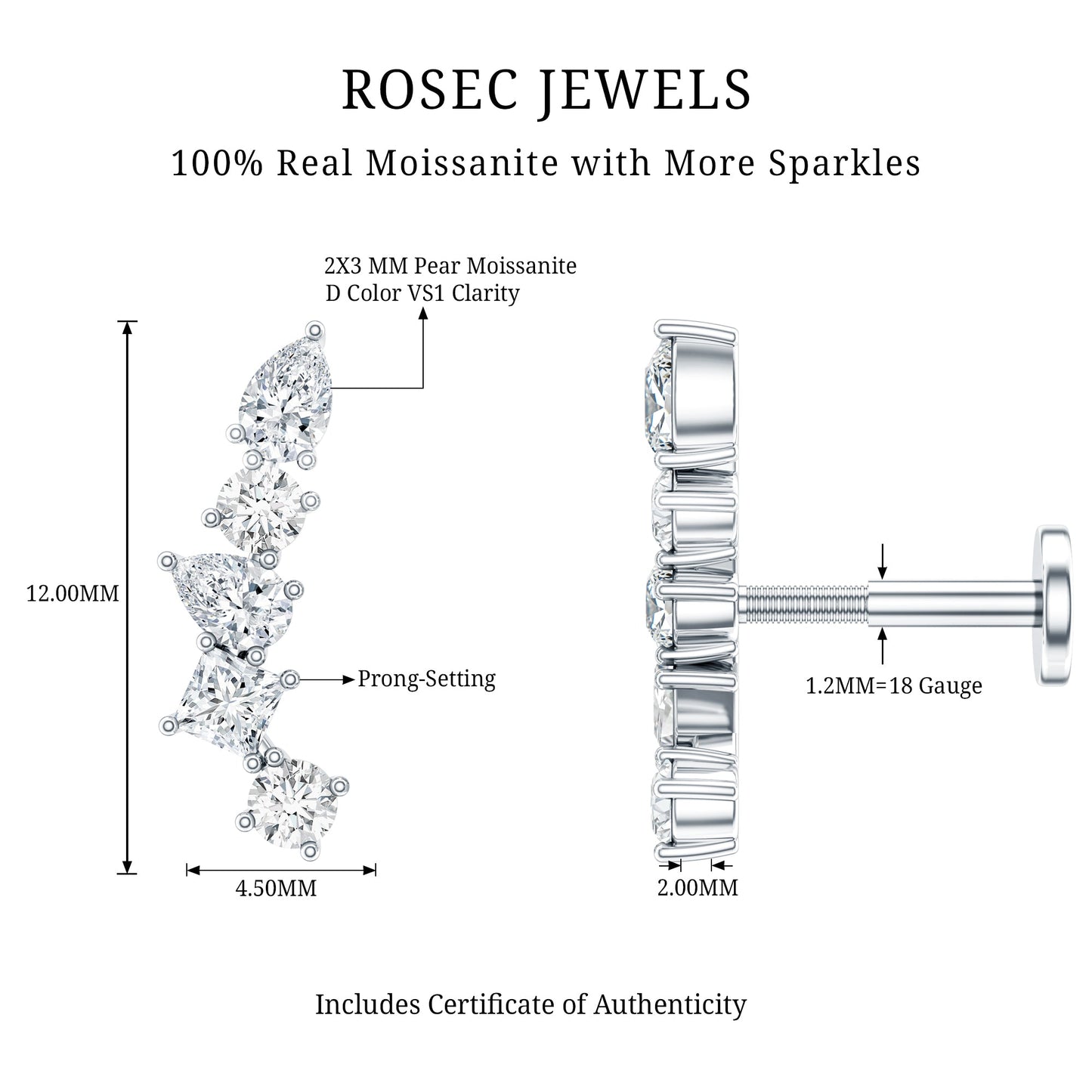 Certified Moissanite Crawler Earring in Prong Setting