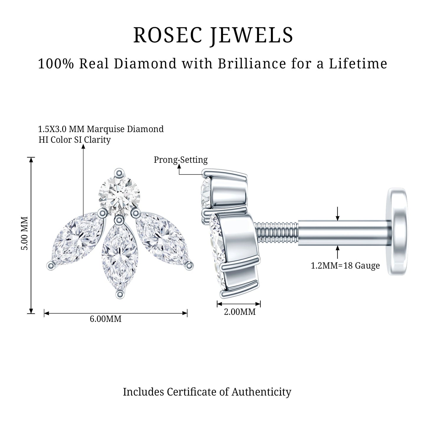 Marquise Shape Diamond Leaf Earring for Helix Piercing