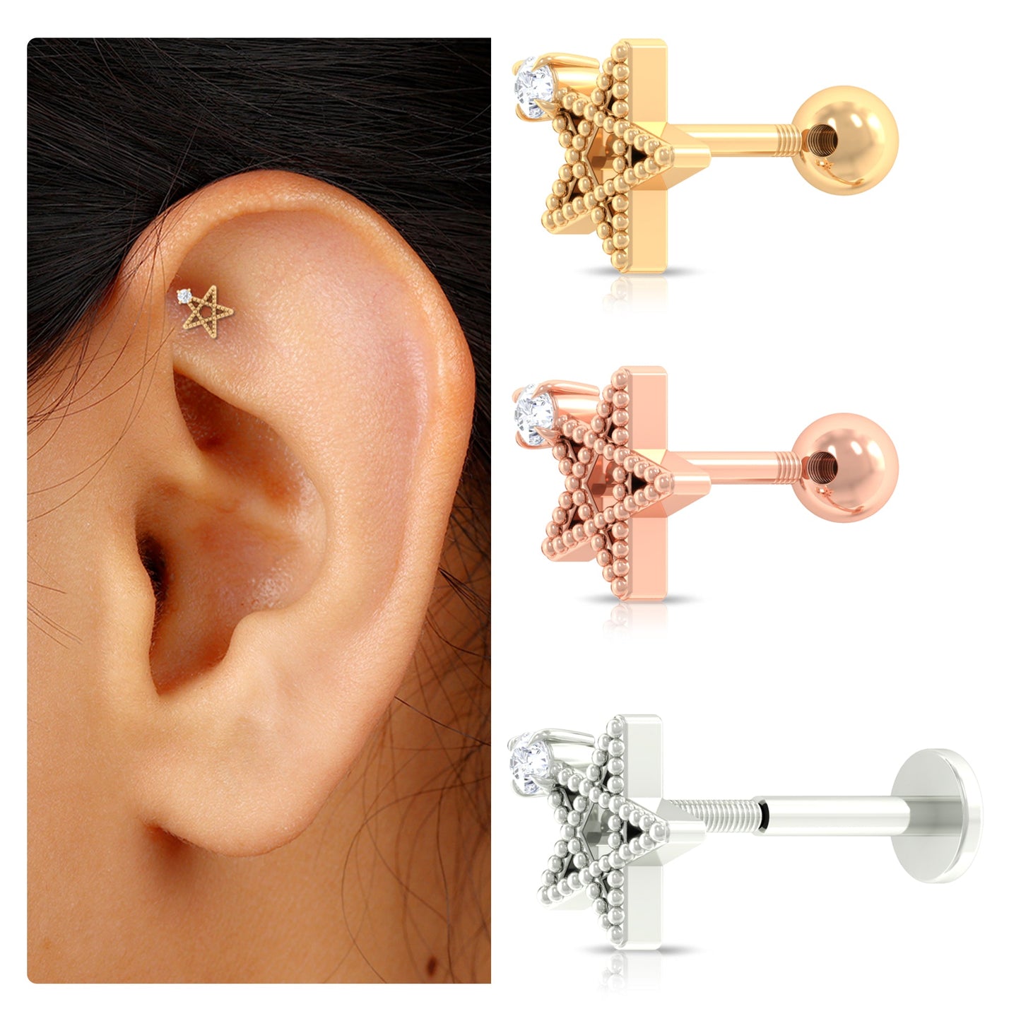 Natural Diamond Star Cartilage Earring with Beaded Detail