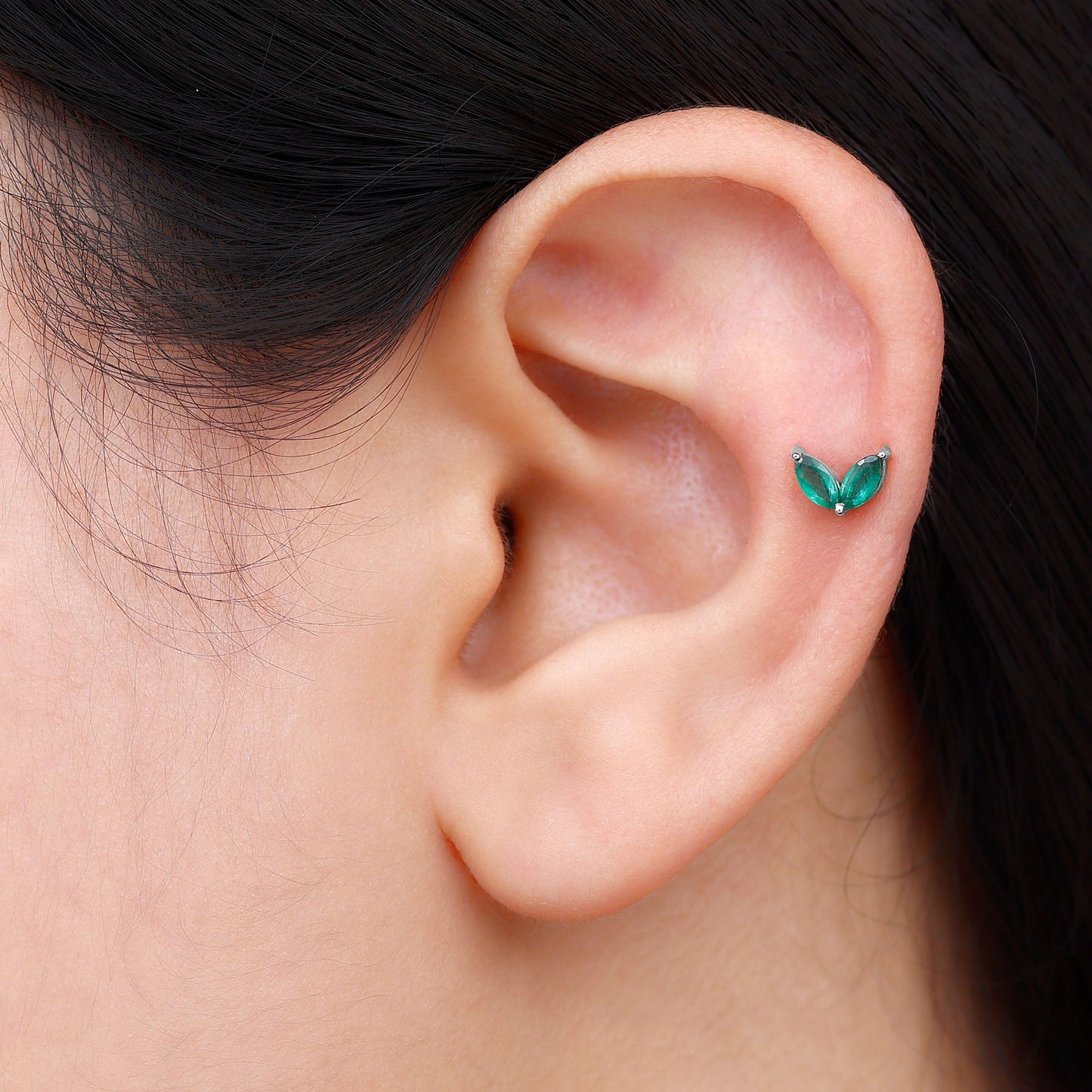 Marquise Lab Grown Emerald Leaf Earring for Helix Piercing