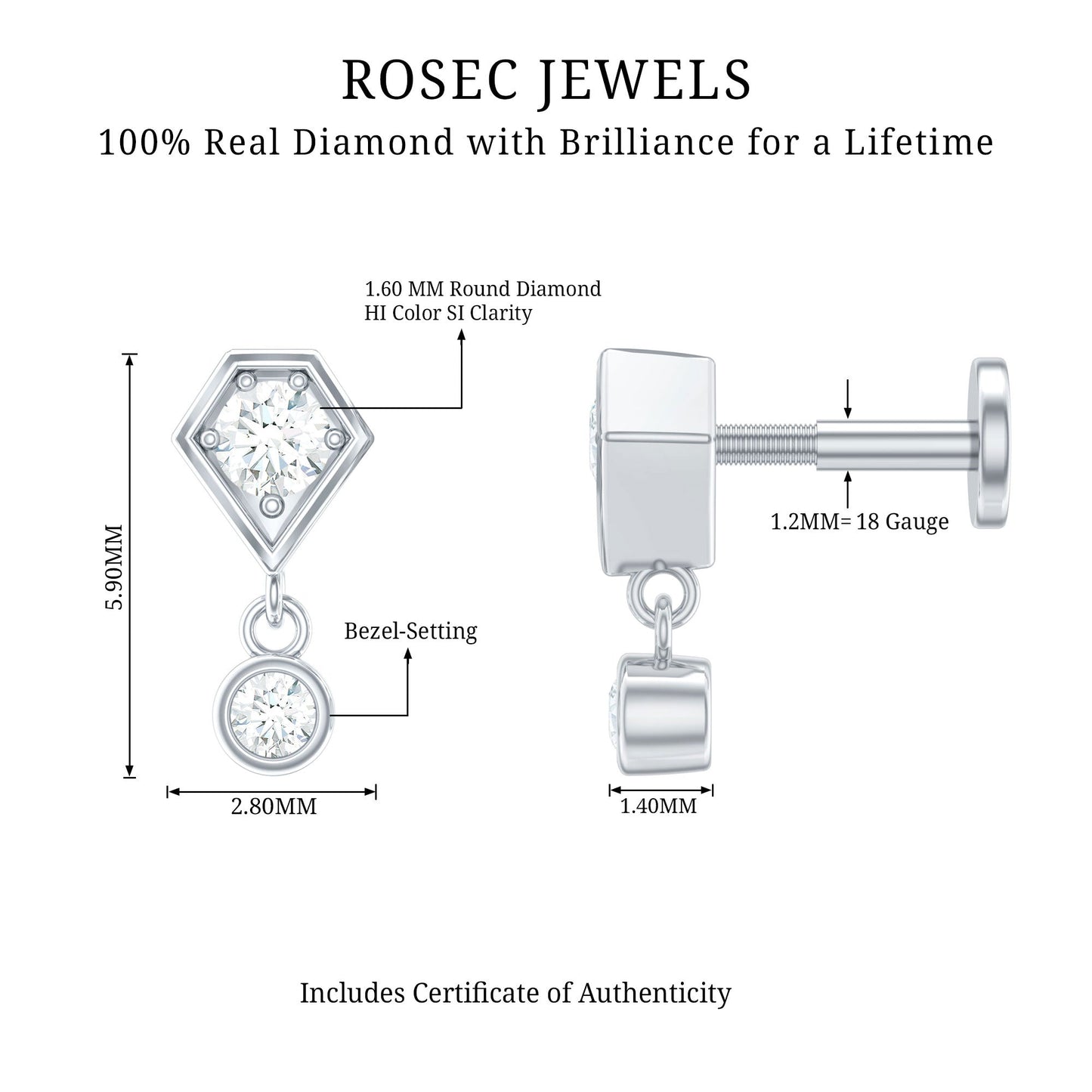 Round Cut Natural Diamond Drop Helix Earring