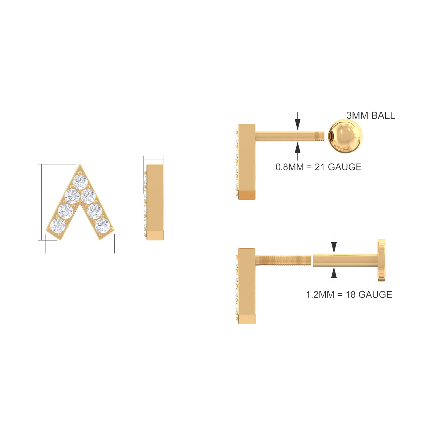 Genuine Diamond V Shape Earring for Tragus Piercing in Gold