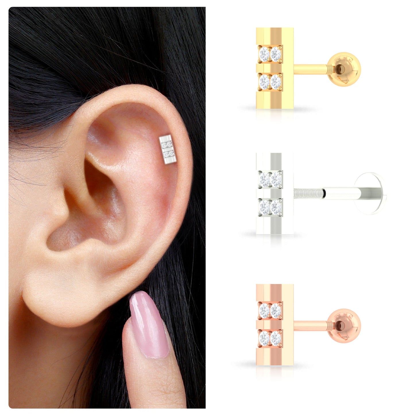 Dainty Diamond Bar Stud Earring for Helix Piercing in Gold