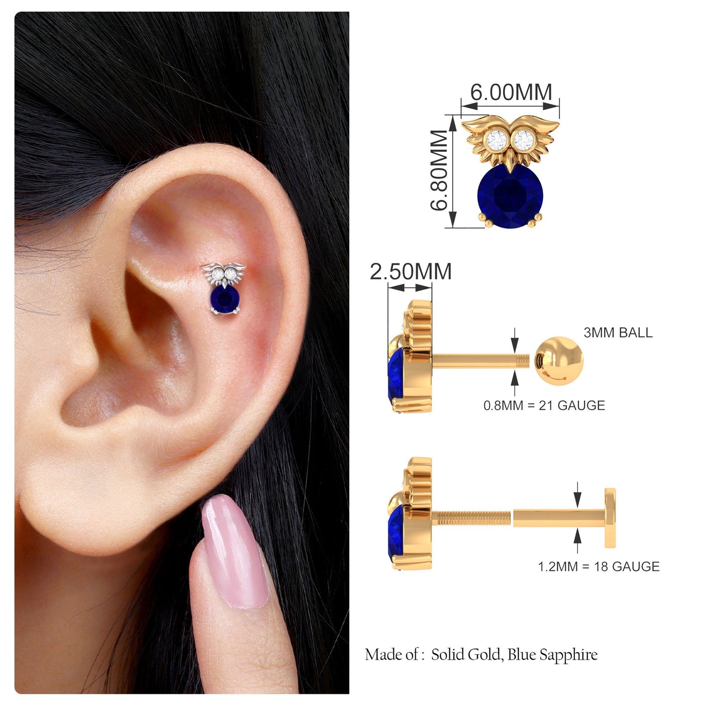Blue Sapphire and Lab Grown Diamond Owl Helix Earring