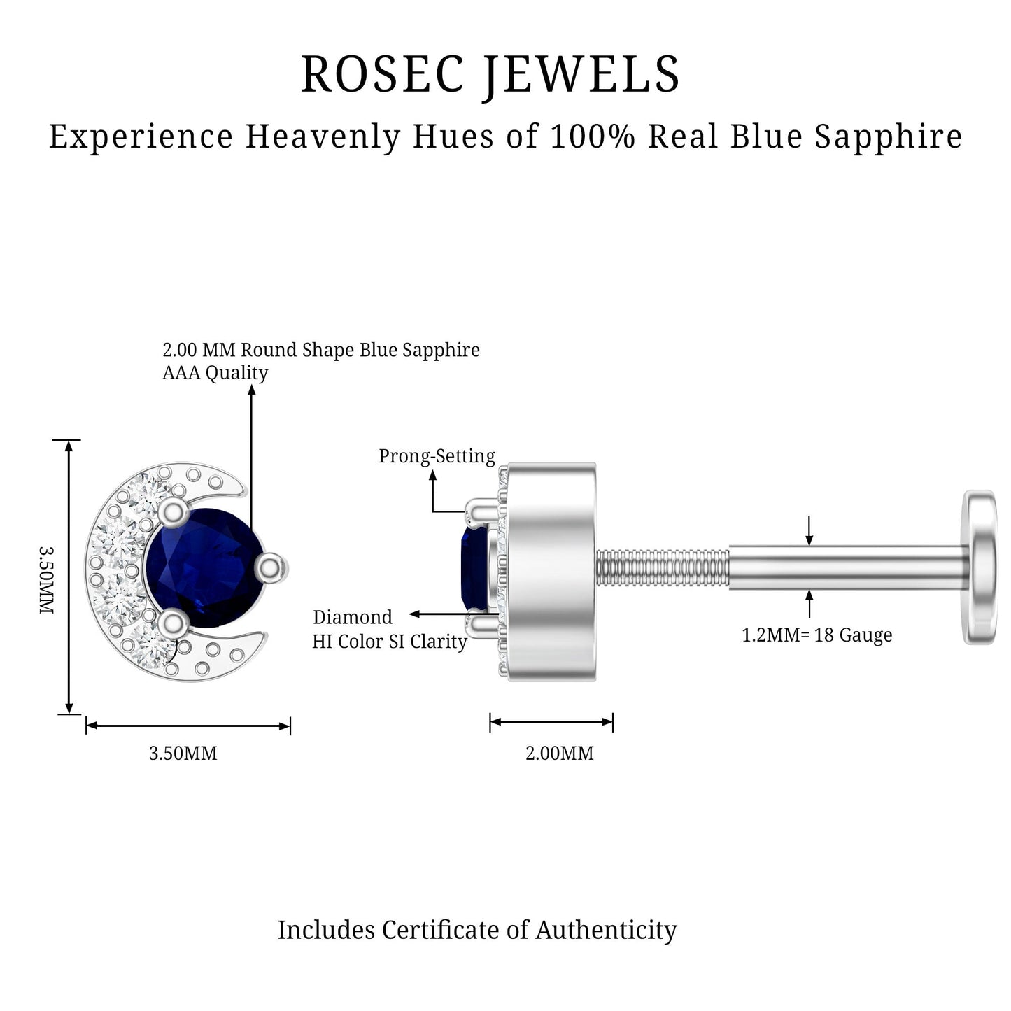 Dainty Blue Sapphire and Diamond Moon Helix Earring