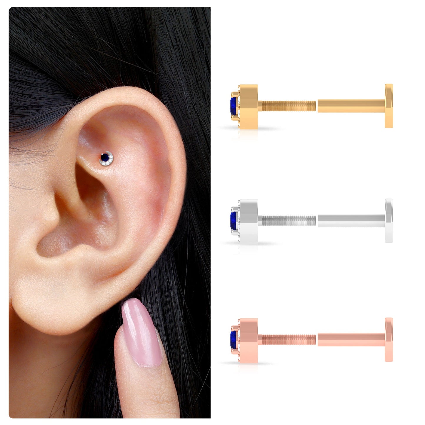 Dainty Blue Sapphire and Diamond Moon Helix Earring