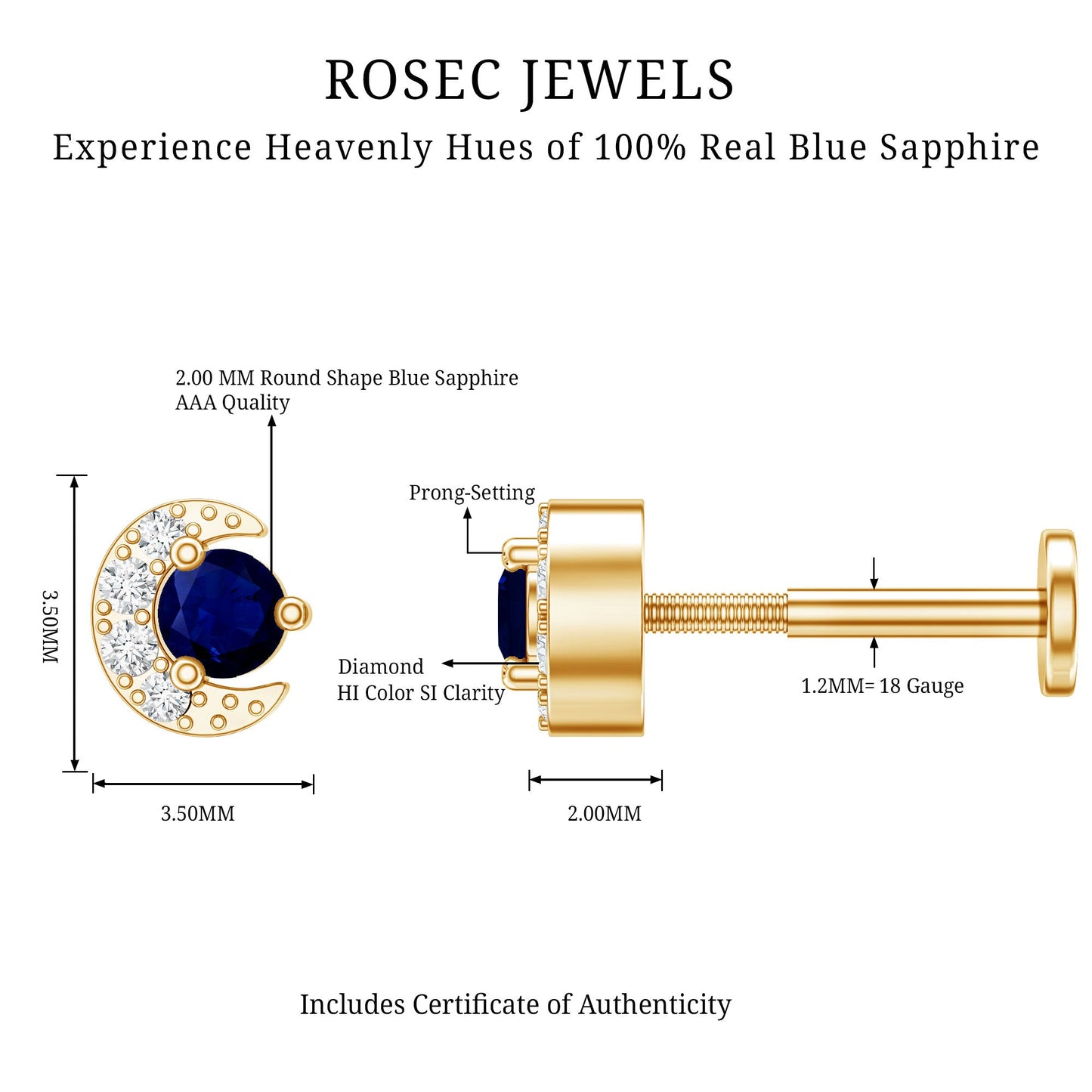 Dainty Blue Sapphire and Diamond Moon Helix Earring