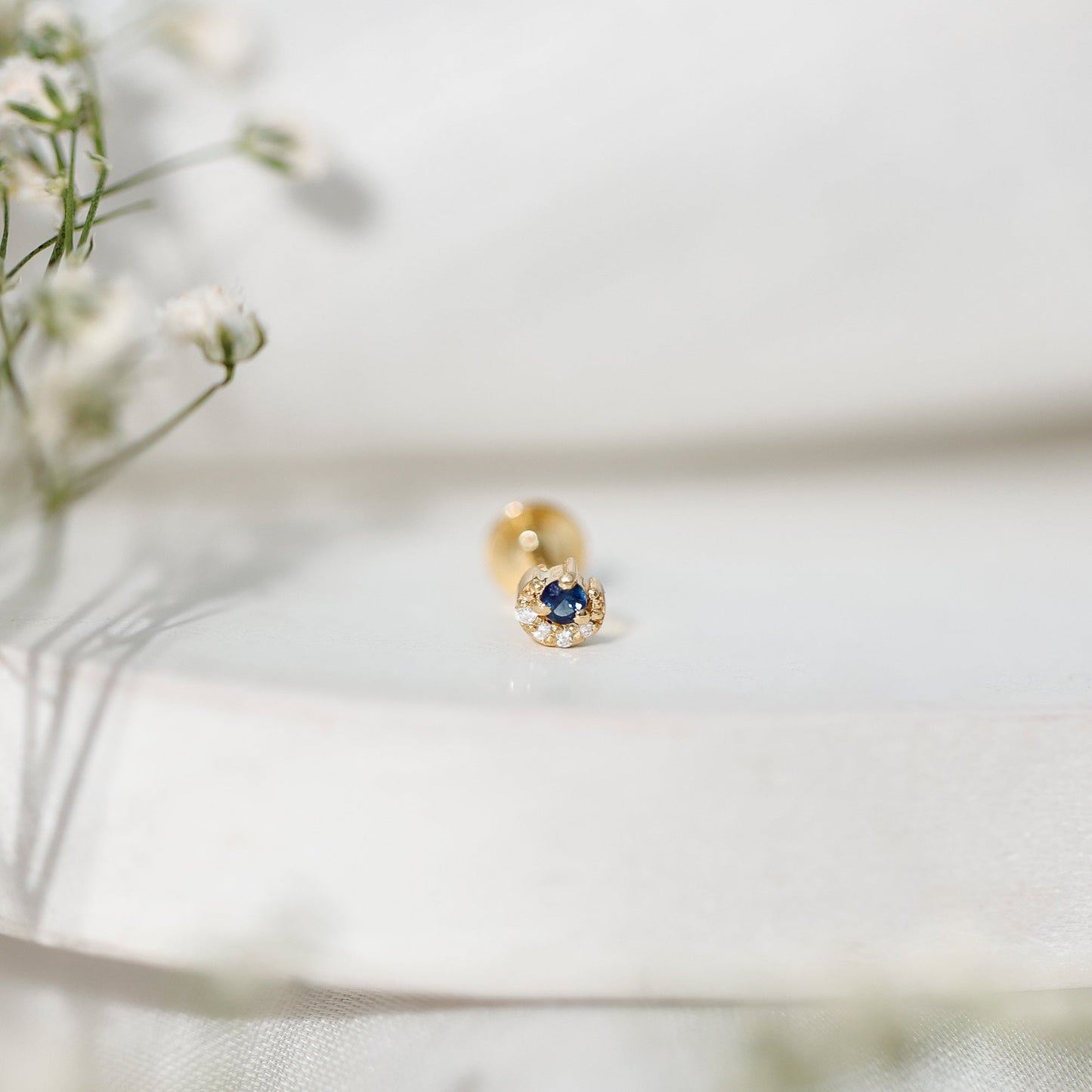 Dainty Blue Sapphire and Diamond Moon Helix Earring