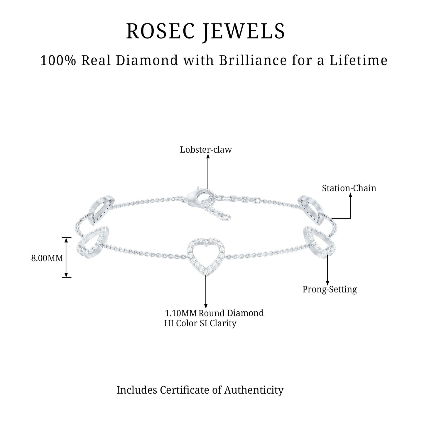 Certified Diamond Heart Chain Bracelet in Prong Setting