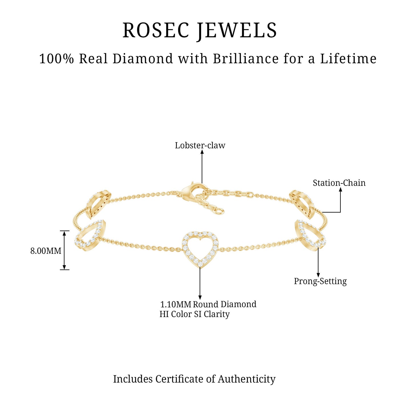 Certified Diamond Heart Chain Bracelet in Prong Setting