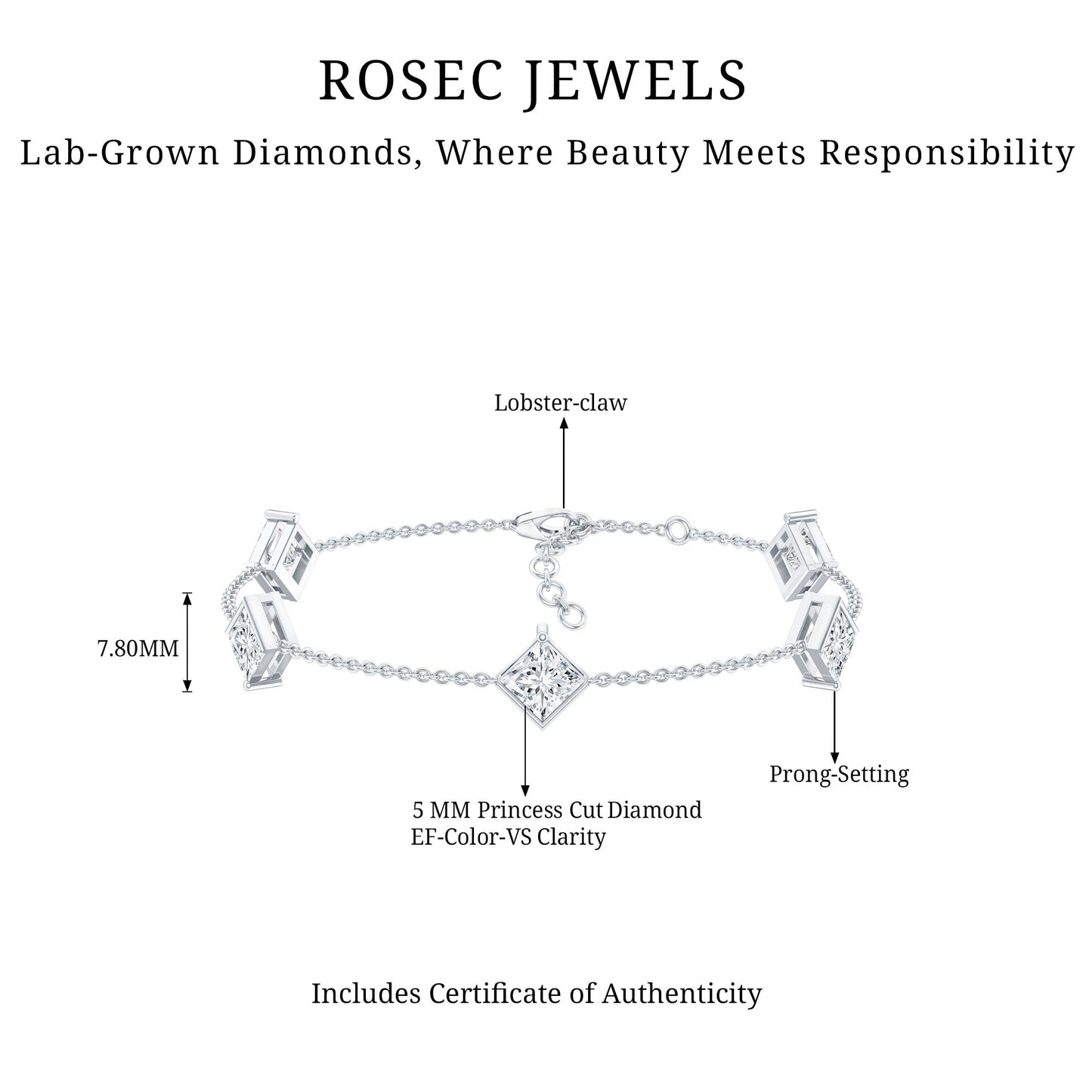 Certified Princess Cut Lab Grown Diamond Wedding Chain Bracelet