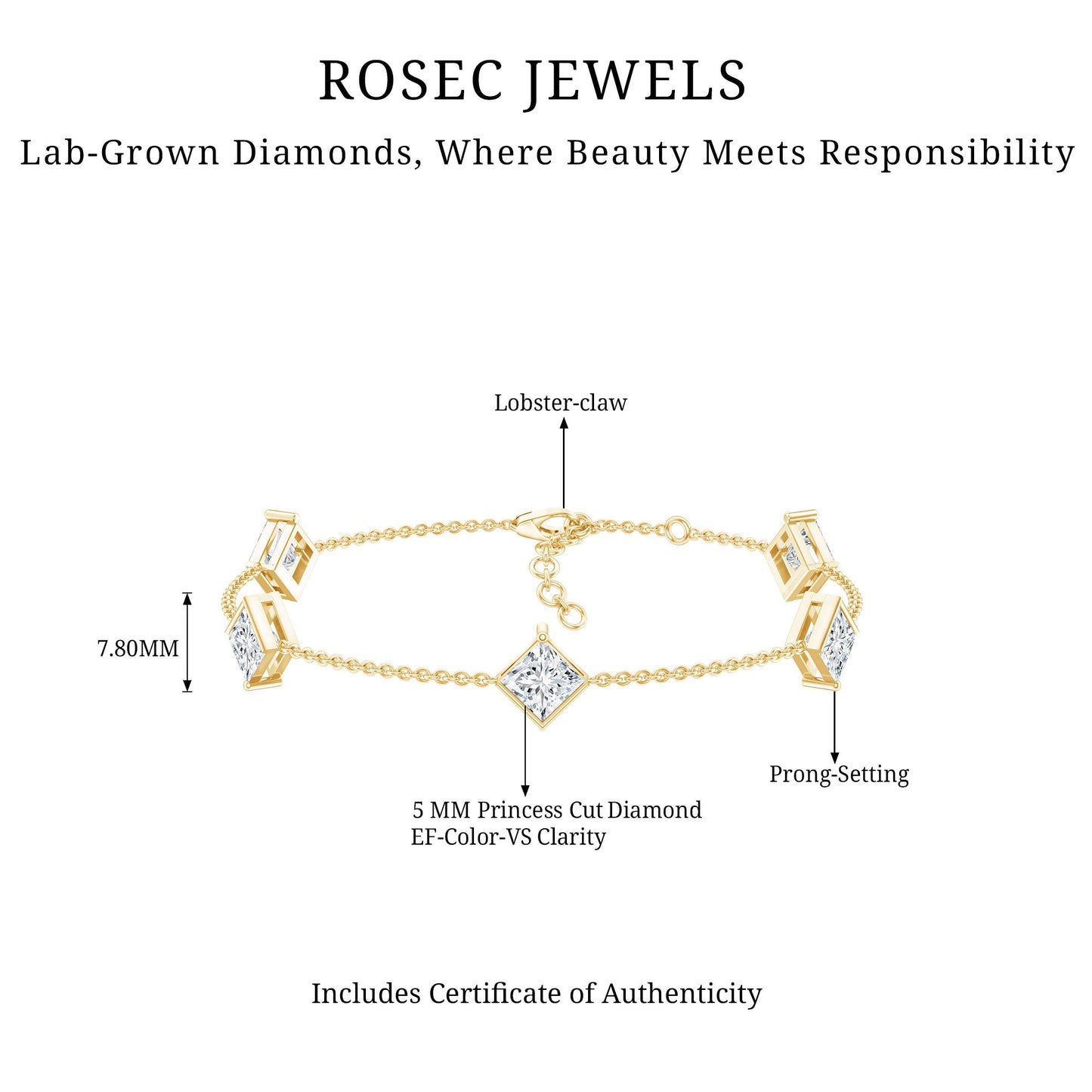 Certified Princess Cut Lab Grown Diamond Wedding Chain Bracelet