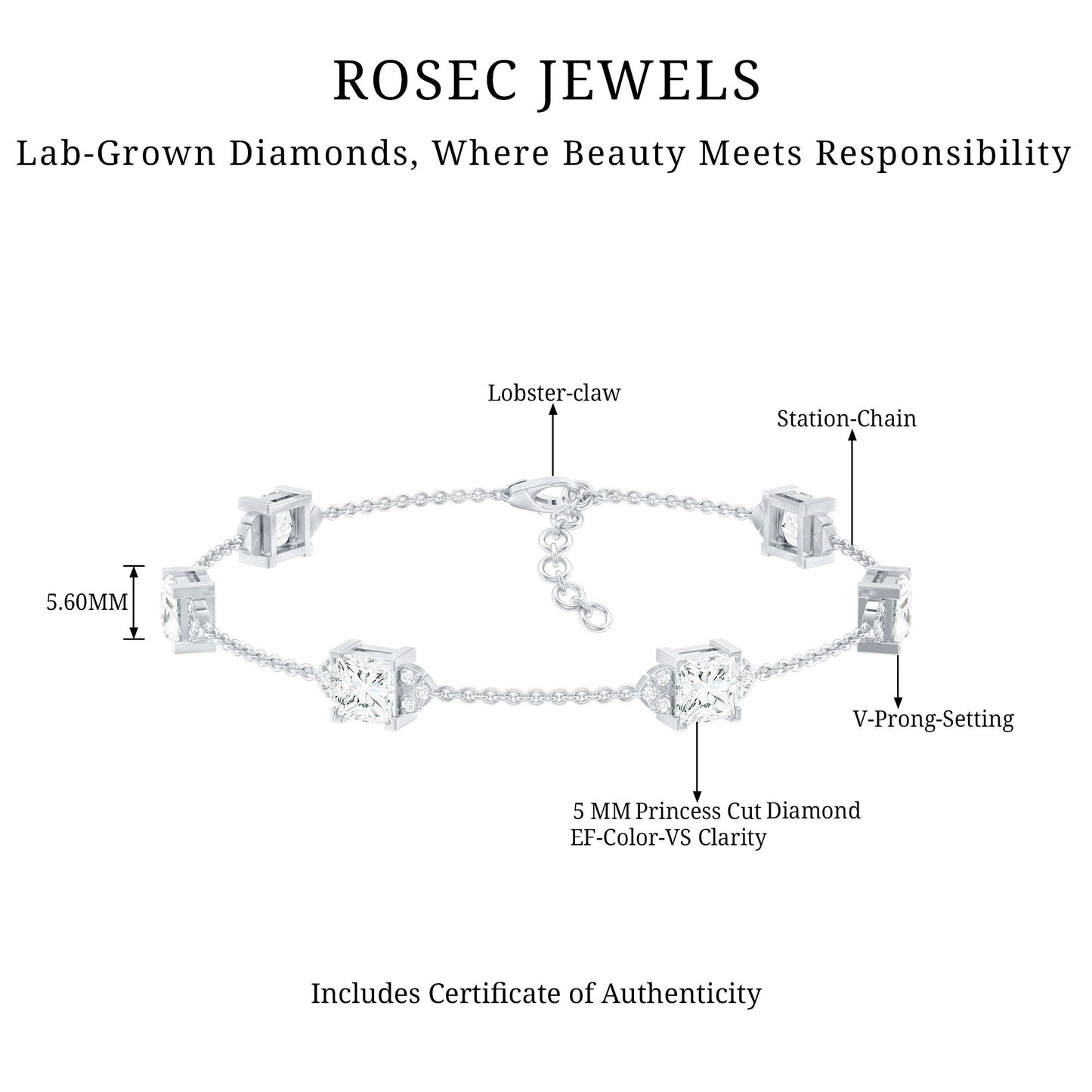 Princess Cut Lab Grown Diamond Station Chain Bracelet