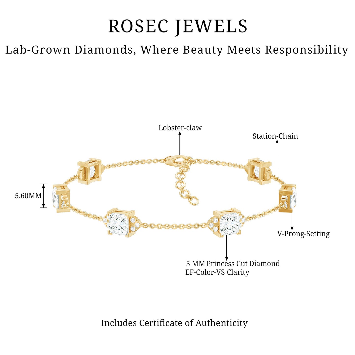 Princess Cut Lab Grown Diamond Station Chain Bracelet