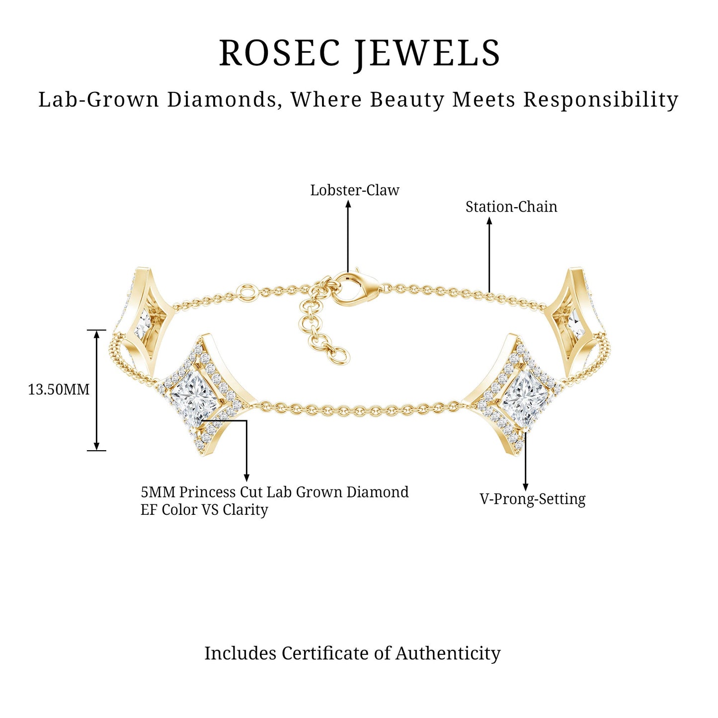 Certified Princess Cut Lab Grown Diamond Bridal Bracelet