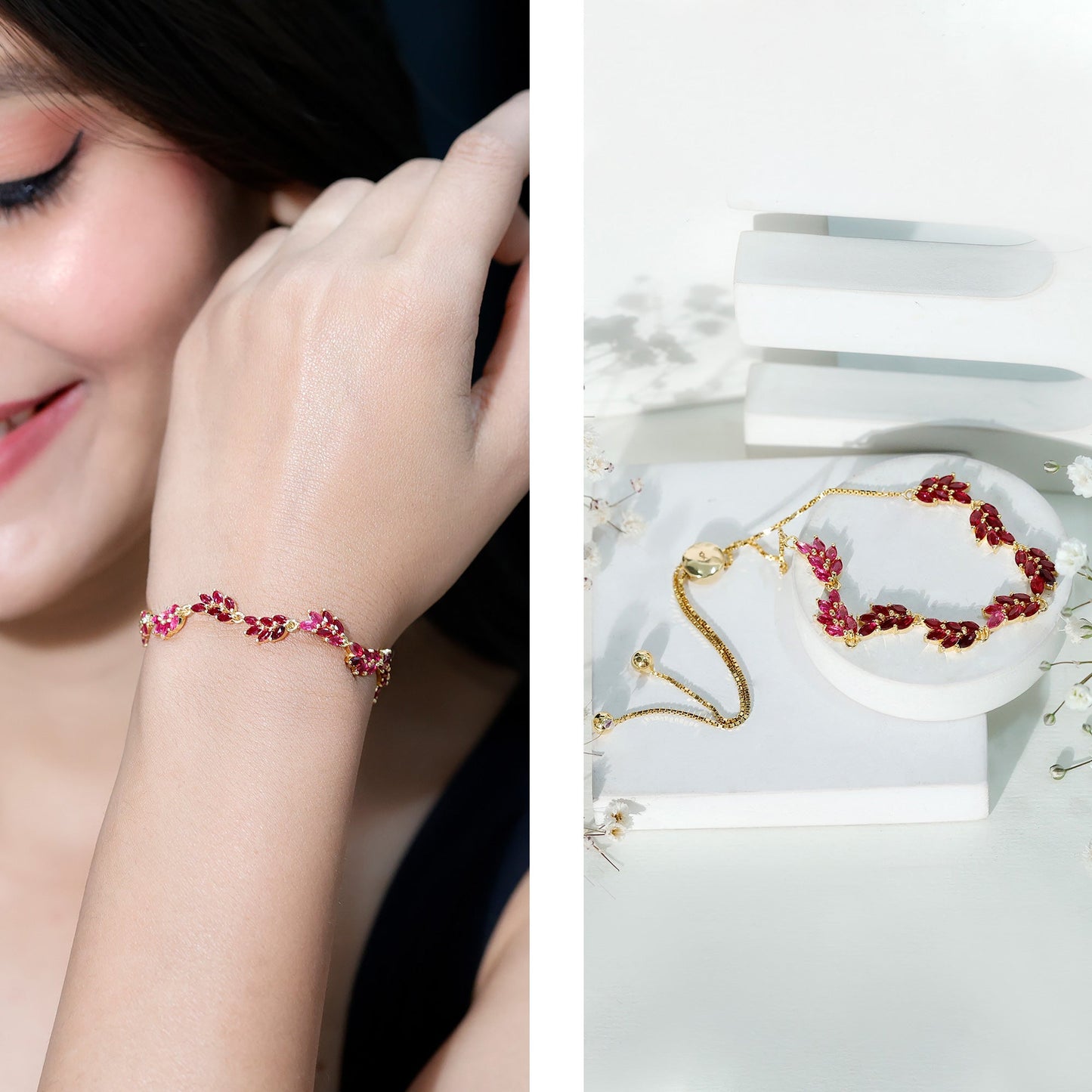 Marquise Lab Grown Ruby Leaf Bolo Bracelet