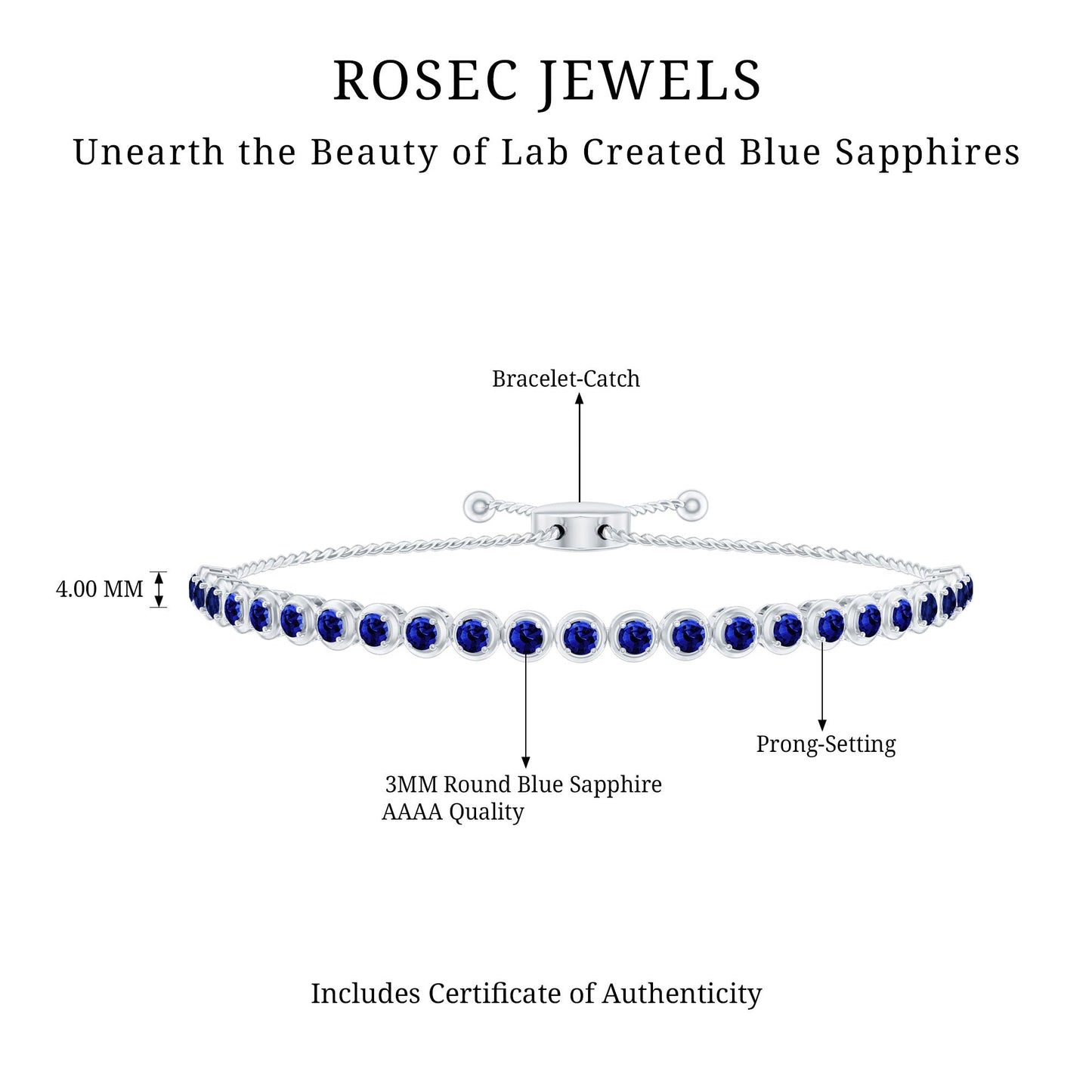 Lab Grown Blue Sapphire Tennis Bolo Bracelet with Rope Chain