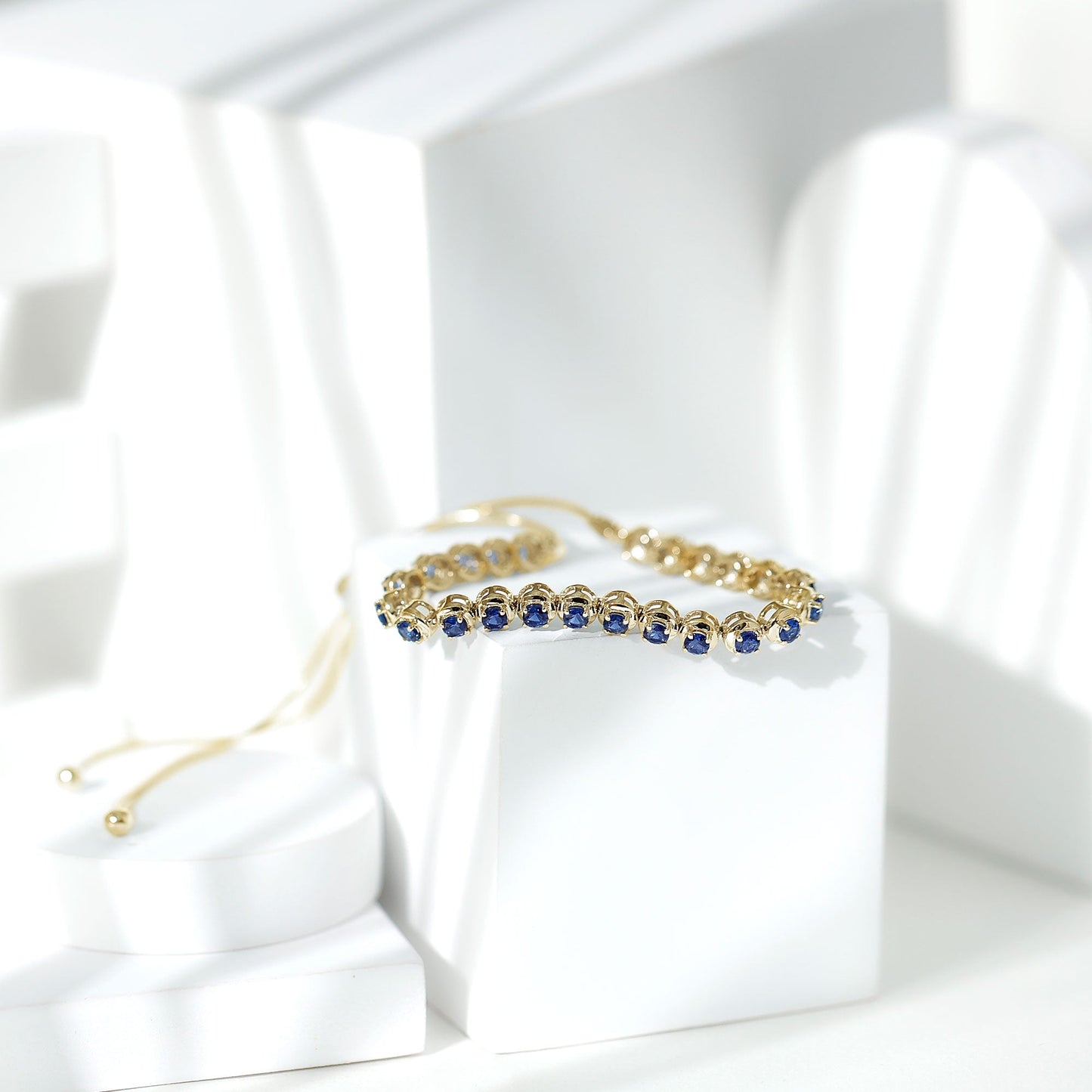 Lab Grown Blue Sapphire Tennis Bolo Bracelet with Rope Chain