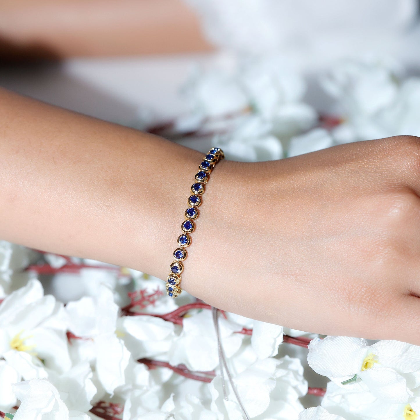 Lab Grown Blue Sapphire Tennis Bolo Bracelet with Rope Chain