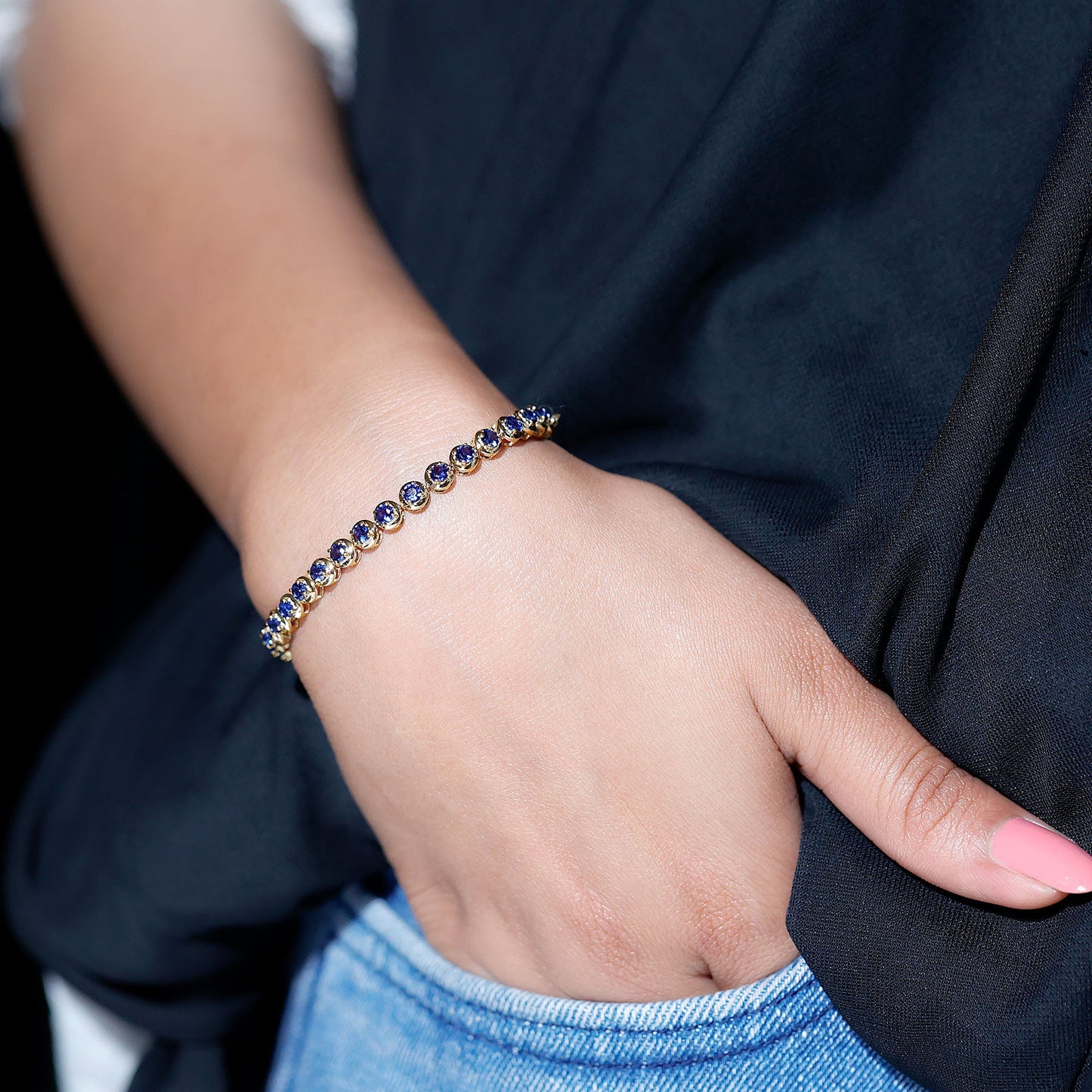 Lab Grown Blue Sapphire Tennis Bolo Bracelet with Rope Chain