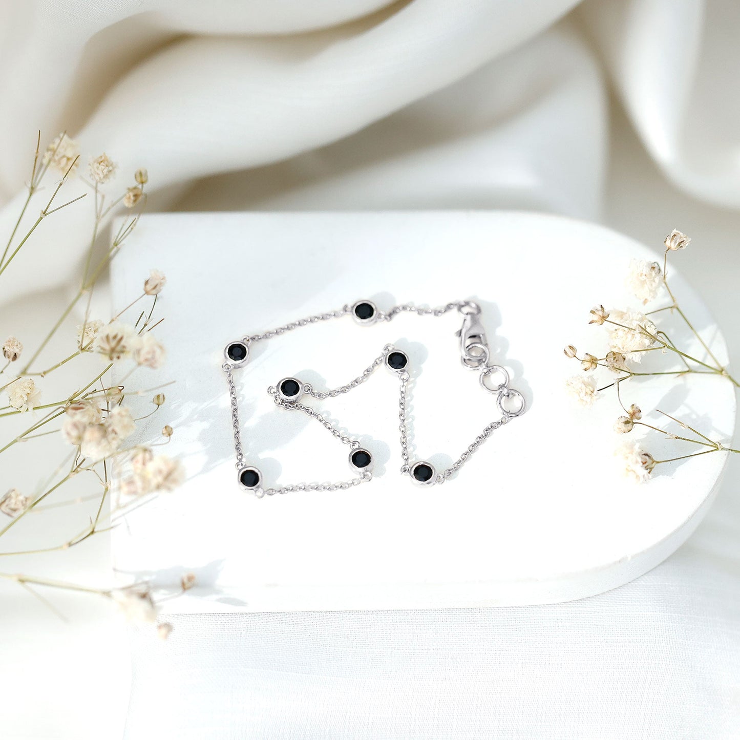 Bezel Set Black Onyx Seven Stone Station Chain Bracelet
