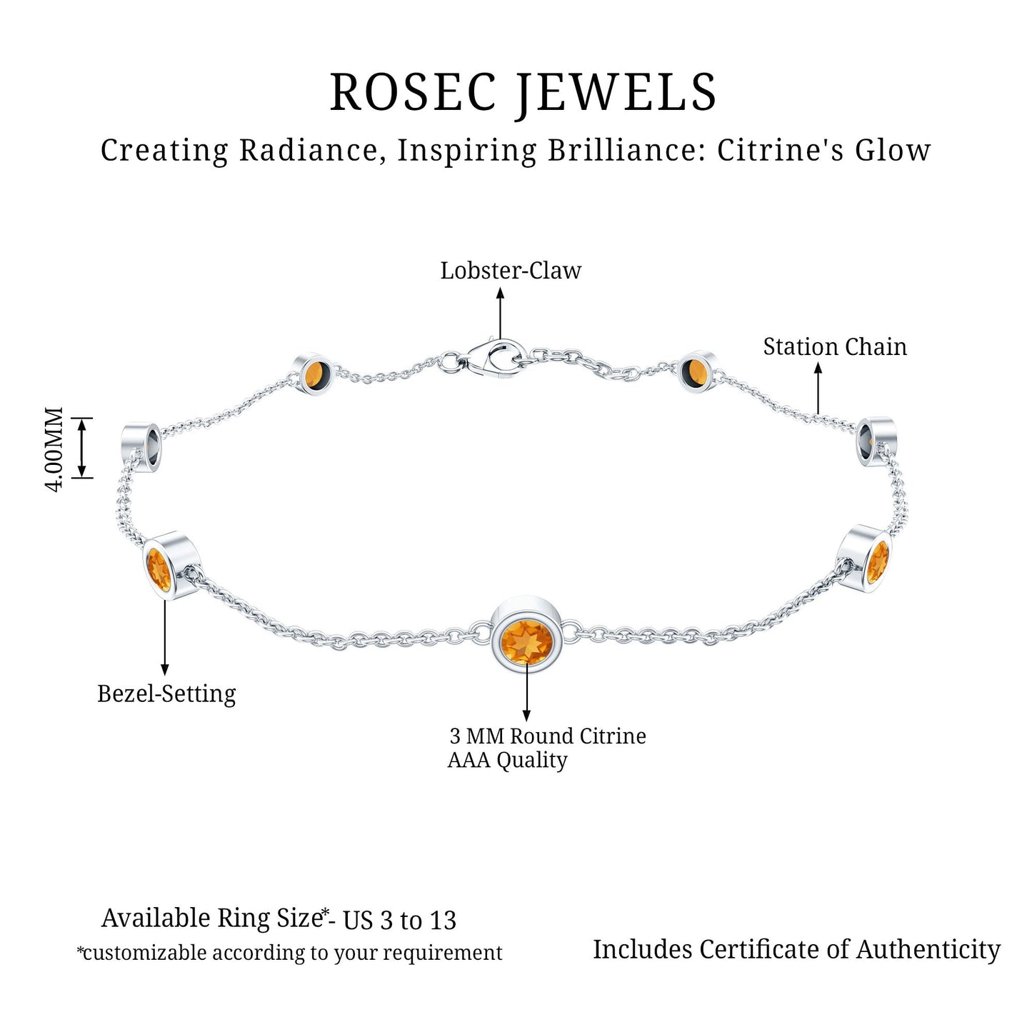 Natural Citrine 7 Stone Station Chain Bracelet for Women