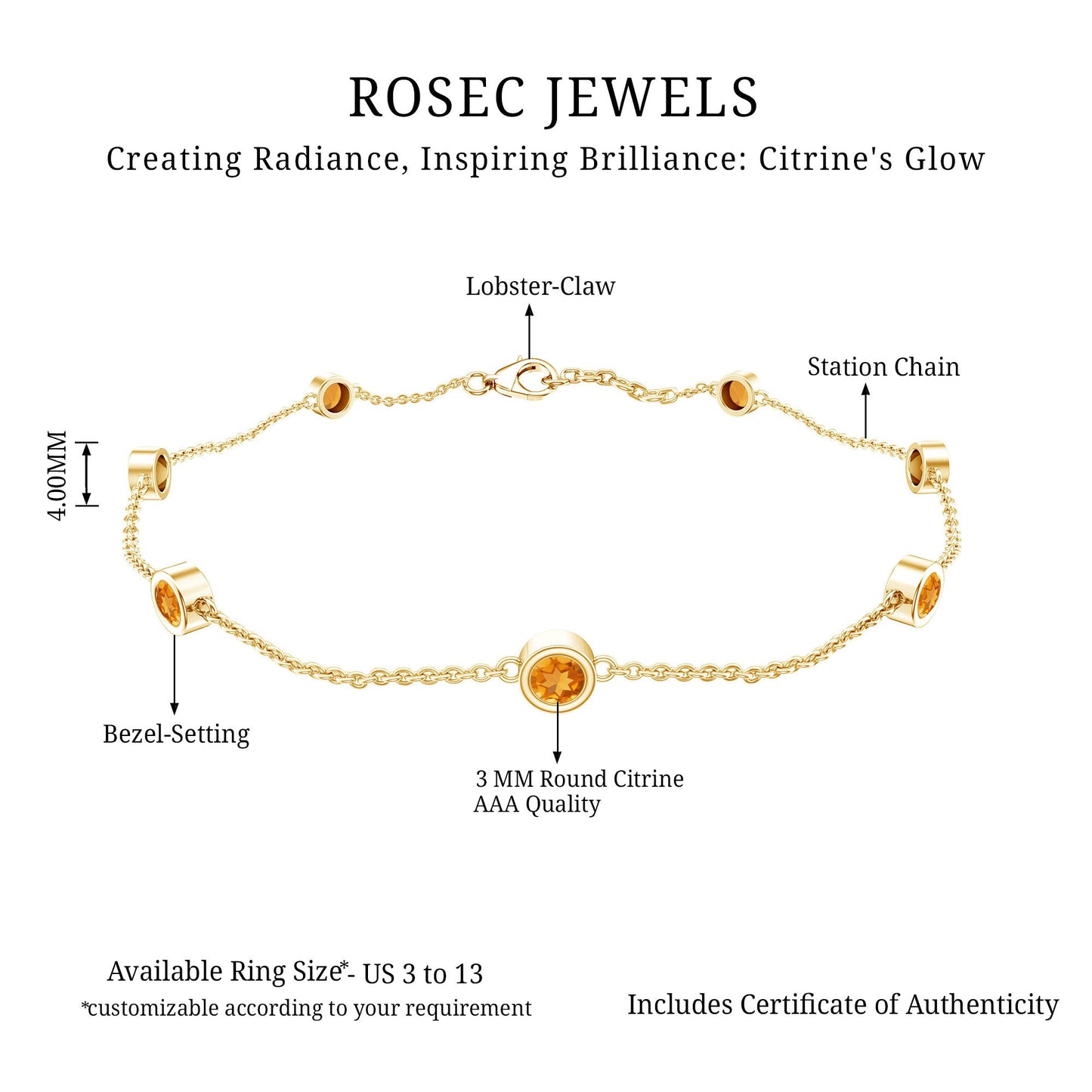 Natural Citrine 7 Stone Station Chain Bracelet for Women