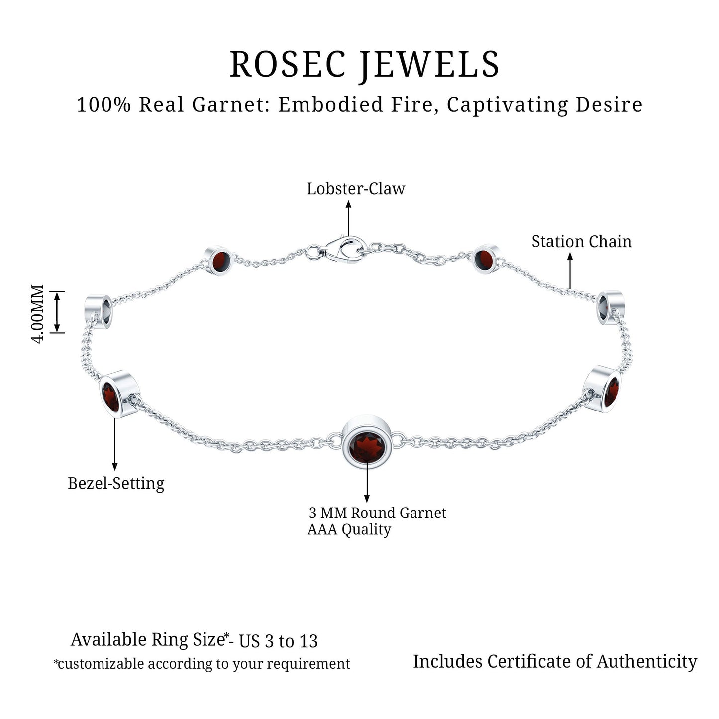 Bezel Set Garnet Seven Stone Station Chain Bracelet