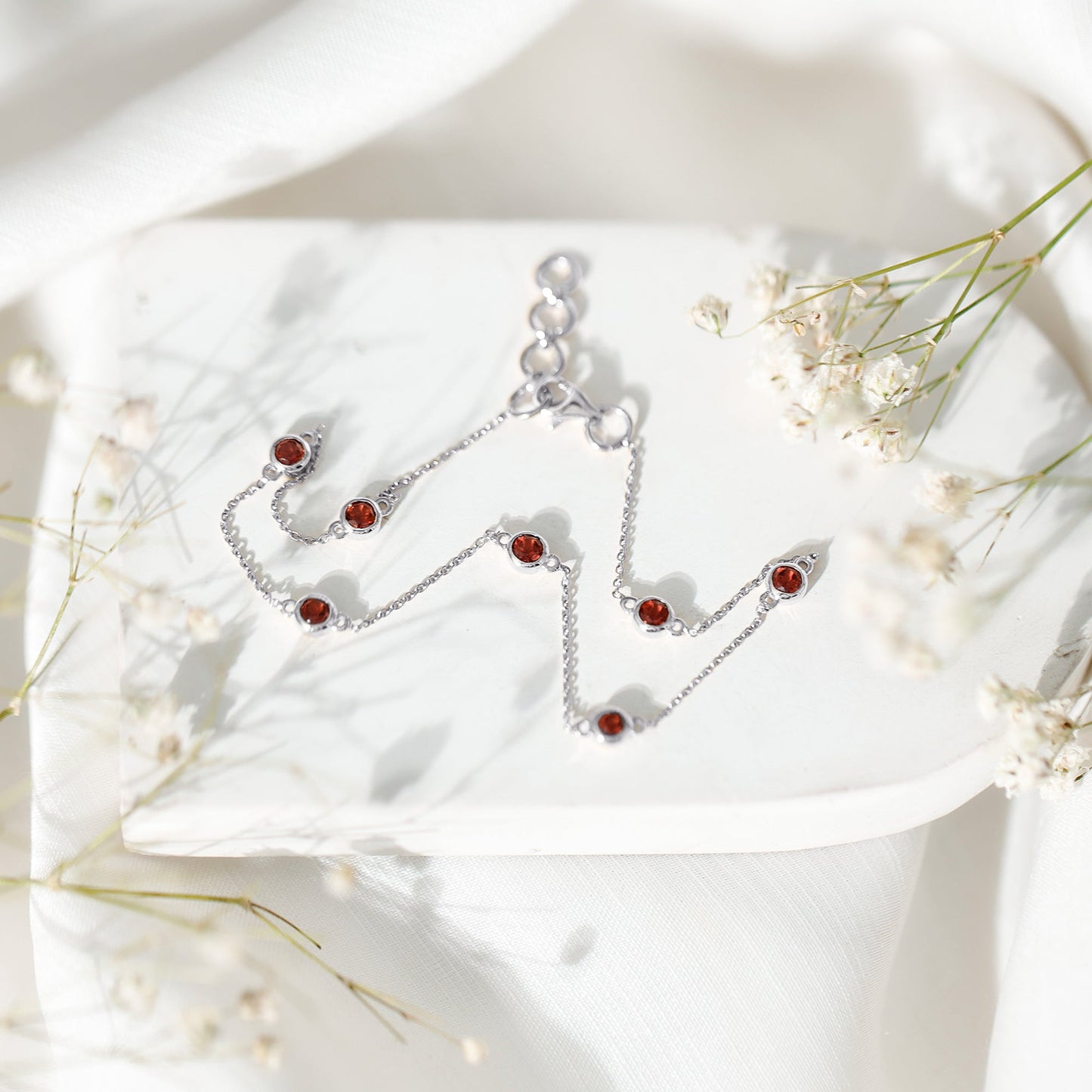Bezel Set Garnet Seven Stone Station Chain Bracelet