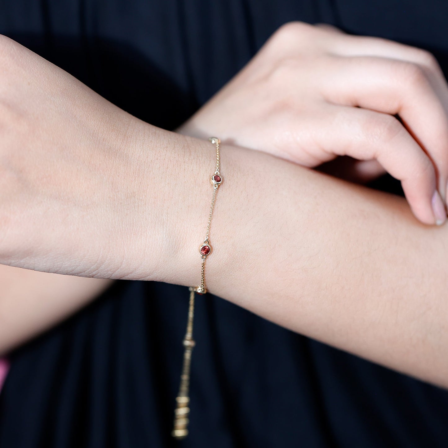 Bezel Set Garnet Seven Stone Station Chain Bracelet
