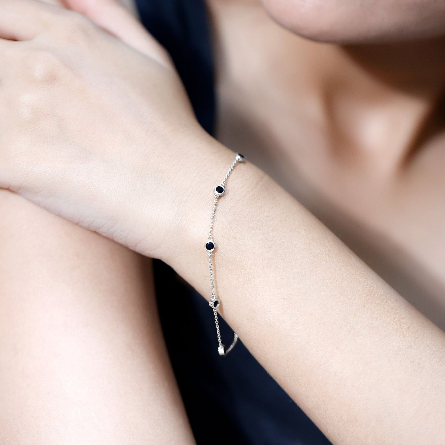 Natural Black Spinel 7 Stone Station Chain Bracelet