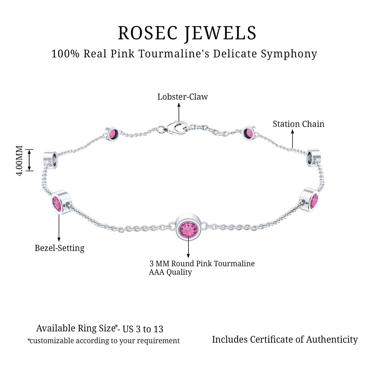 Real Pink Tourmaline Station Chain Bracelet for Women