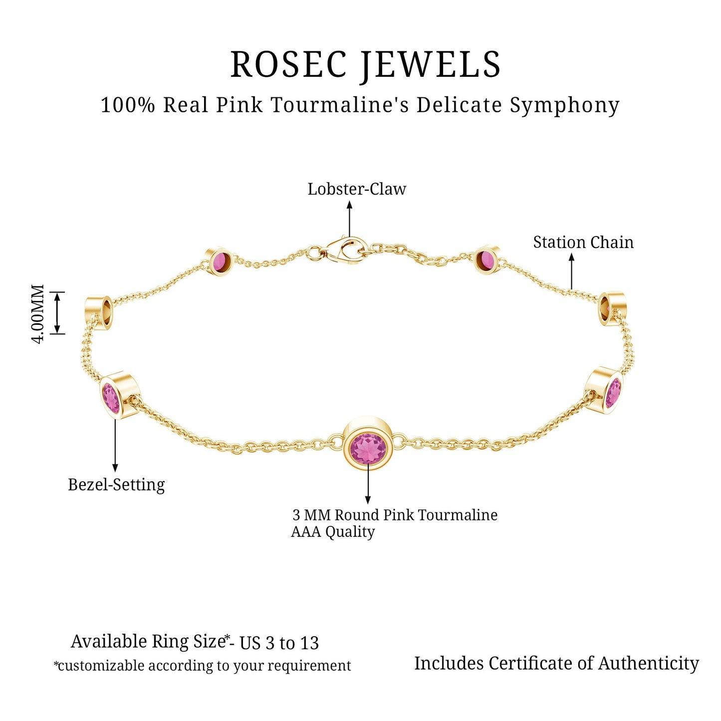 Real Pink Tourmaline Station Chain Bracelet for Women