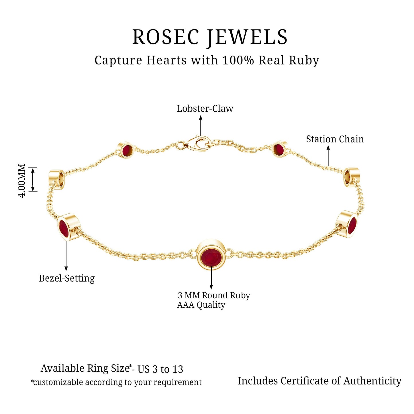 Natural Ruby 7 Stone Station Chain Bracelet for Women