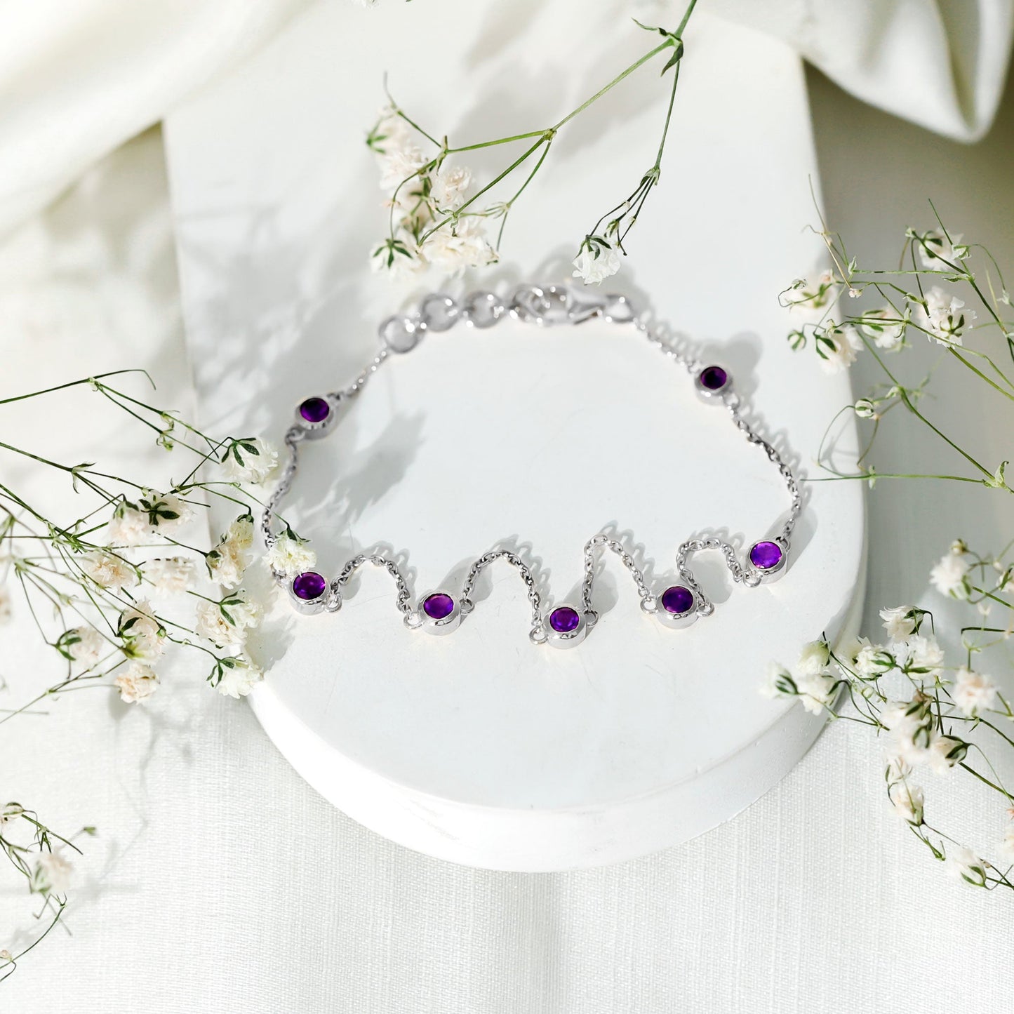 Real Amethyst Chain Bracelet in Bezel Setting