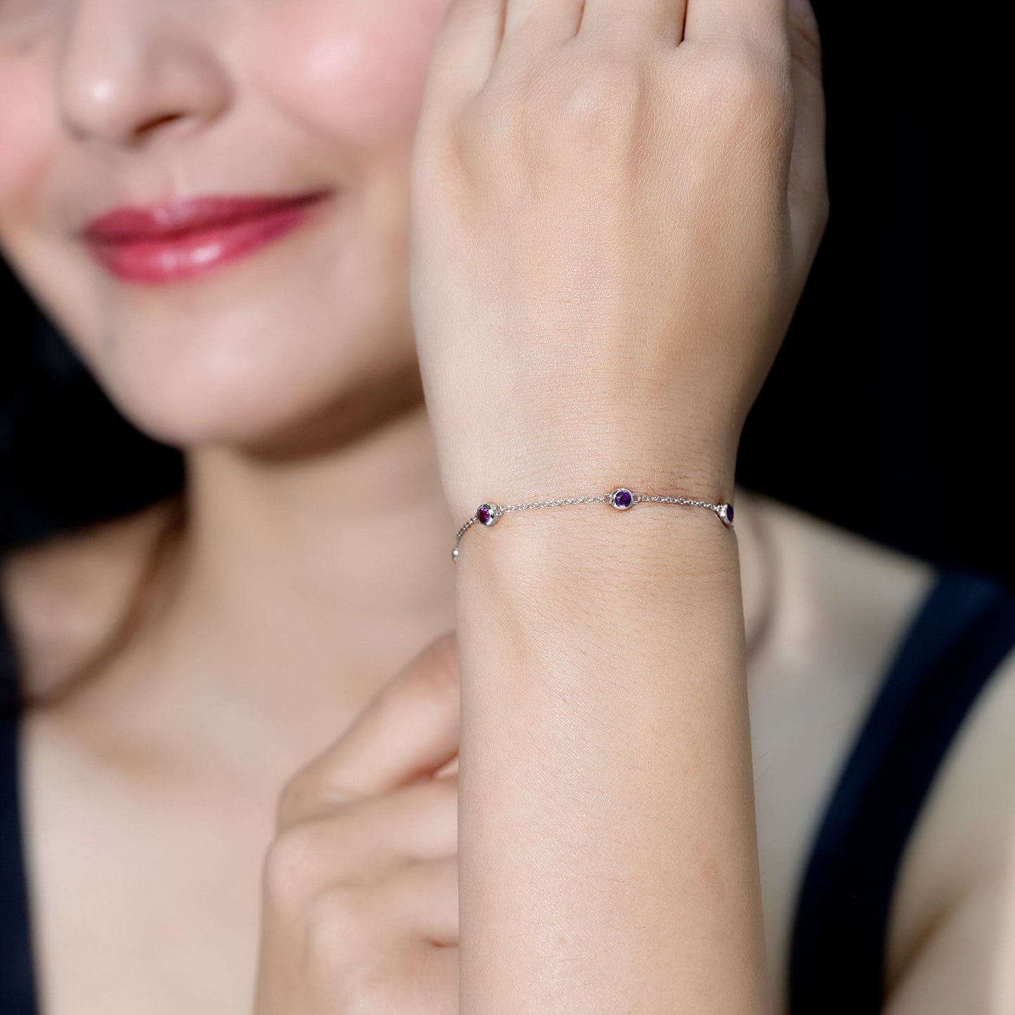 Real Amethyst Chain Bracelet in Bezel Setting