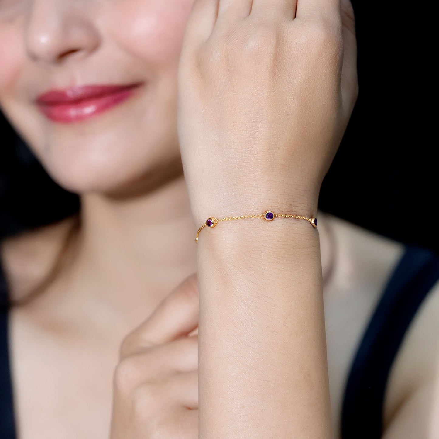 Real Amethyst Chain Bracelet in Bezel Setting
