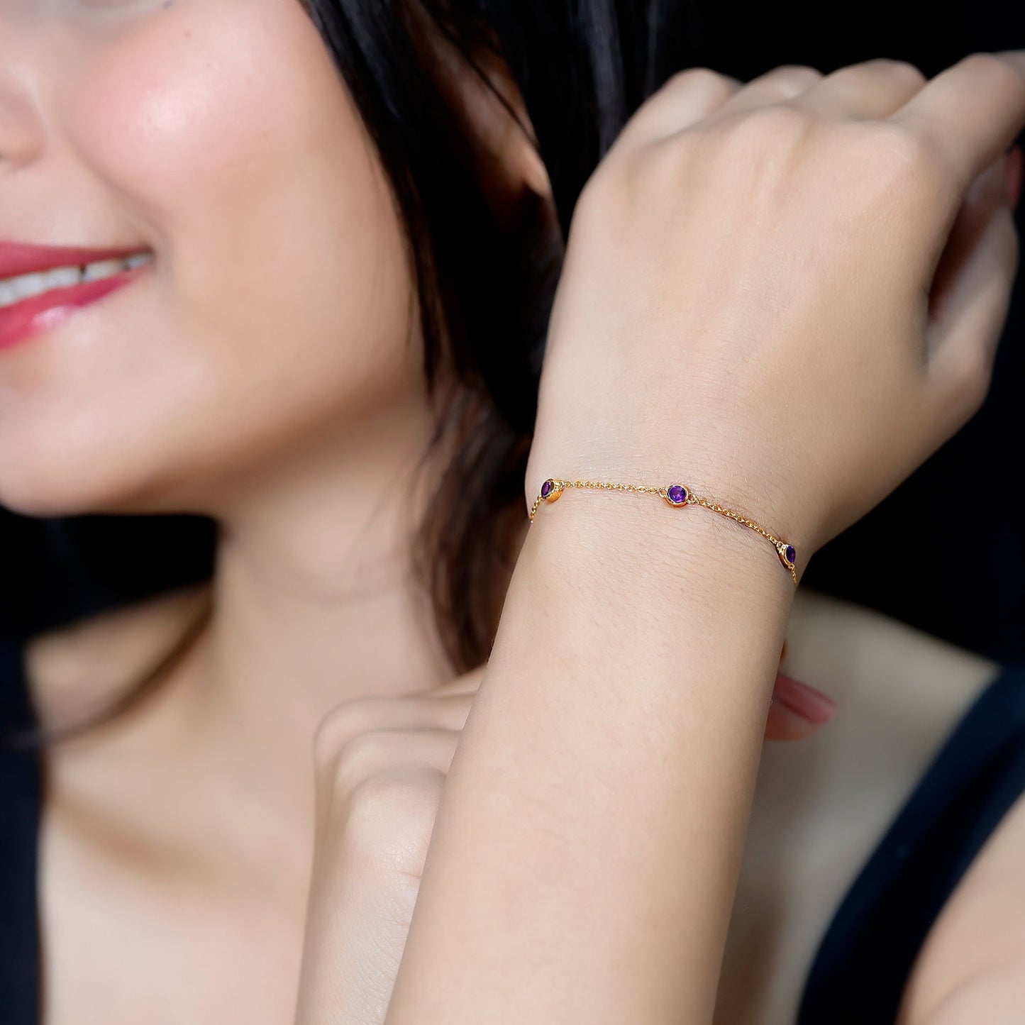 Real Amethyst Chain Bracelet in Bezel Setting